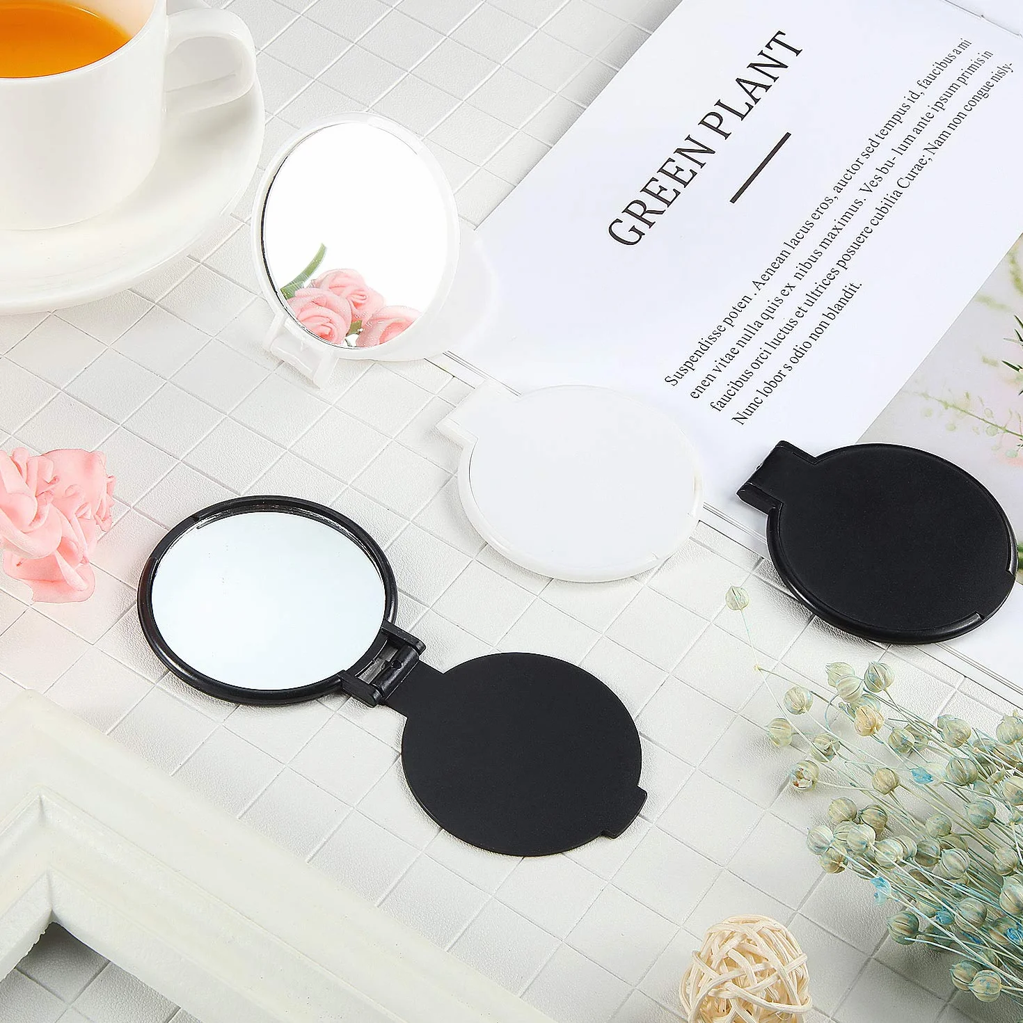 Mini Specchio Compatto Pieghevole Rotondo Portatile Trucco 24 Pezzi 2 Colori Nero Bianco