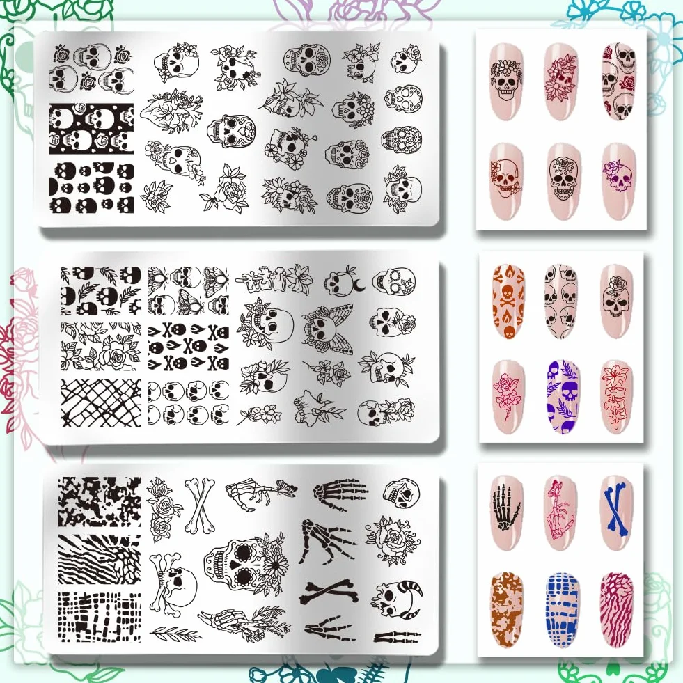 PH PandaHall 3 pz Timbro per Unghie con Teschio Gotico, 58 Modelli Scheletro Orrore Fiore Piastra per Stampaggio Unghie per Nail Design Stampa Manicure Salone Halloween