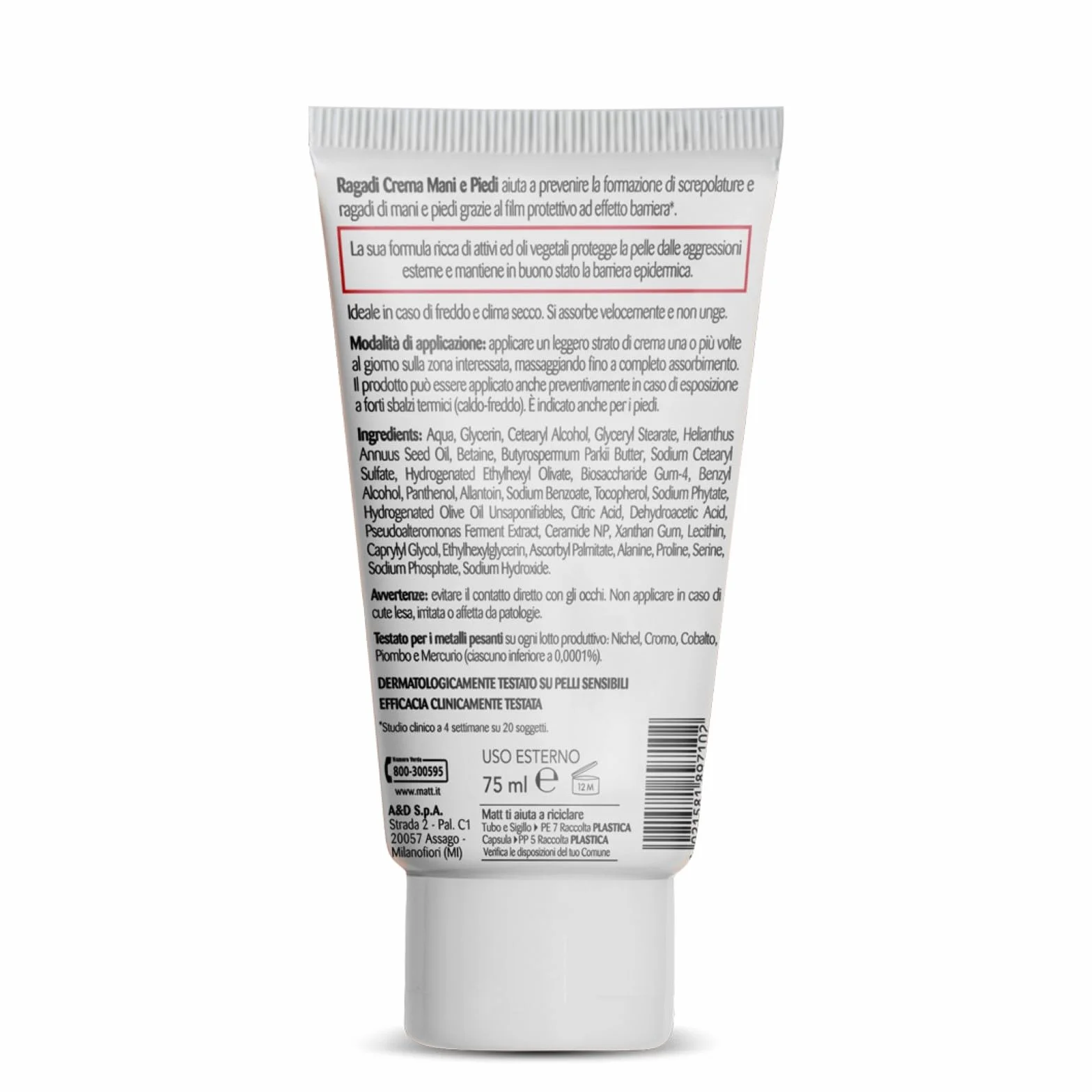 Matt, Ragadi Crema Mani e Piedi, Azione Rigenerante, Nutriente, Protettiva, Effetto Barriera, Ricca di Attivi e Oli Vegetali, Ideale per Prevenire Screpolature e Ragadi, 75 ml