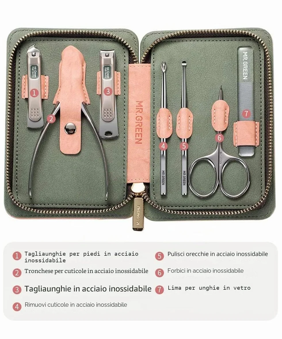 Tagliaunghie Set Professionale 7 in 1 Manicure Pedicure con Custodia da Viaggio in Pelle Grooming Kit