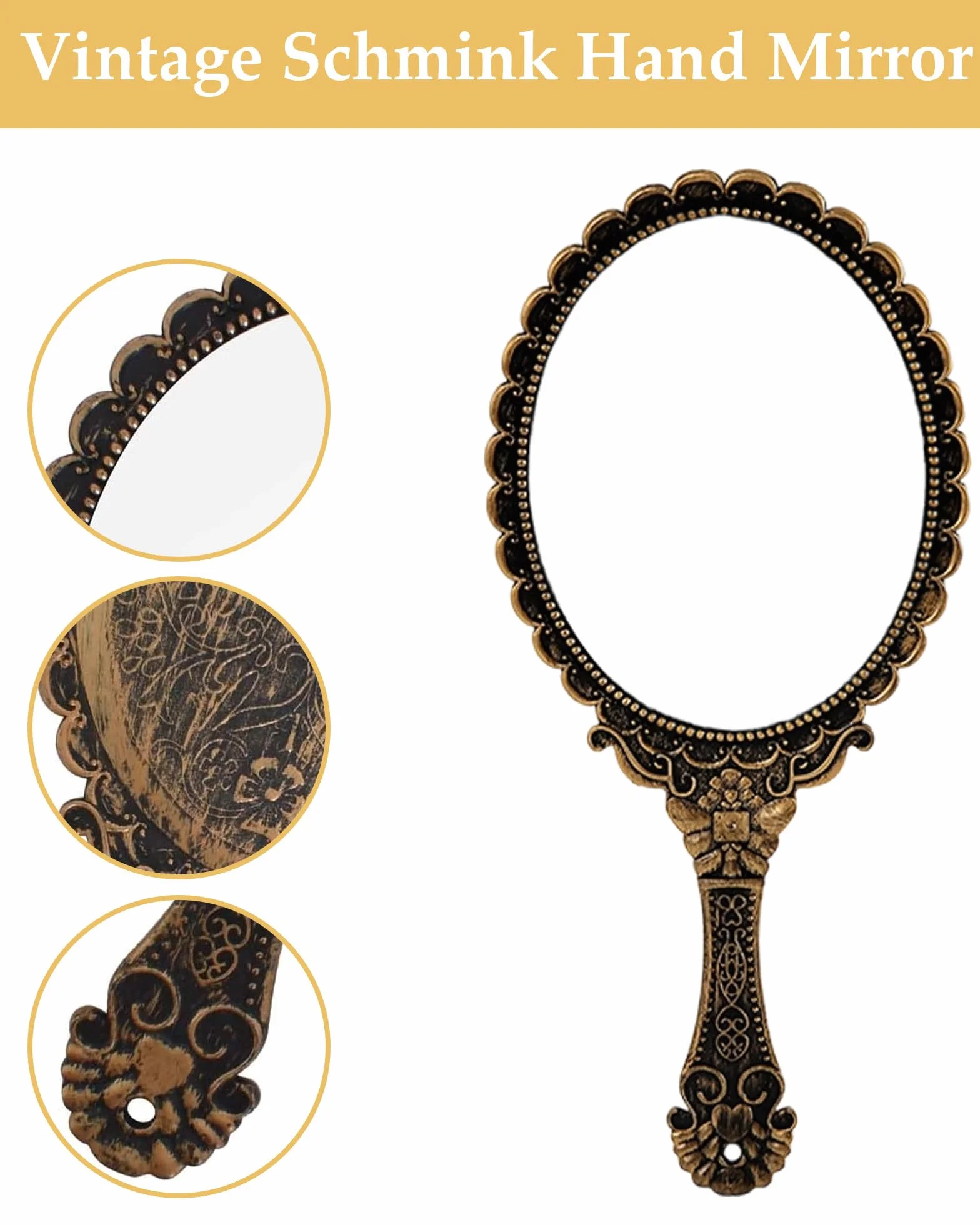 Specchio a Mano Vintage Bronzo, Mini Specchio Ellittico Compatto per Parrucchiere, Trucco, Casa, Viaggi