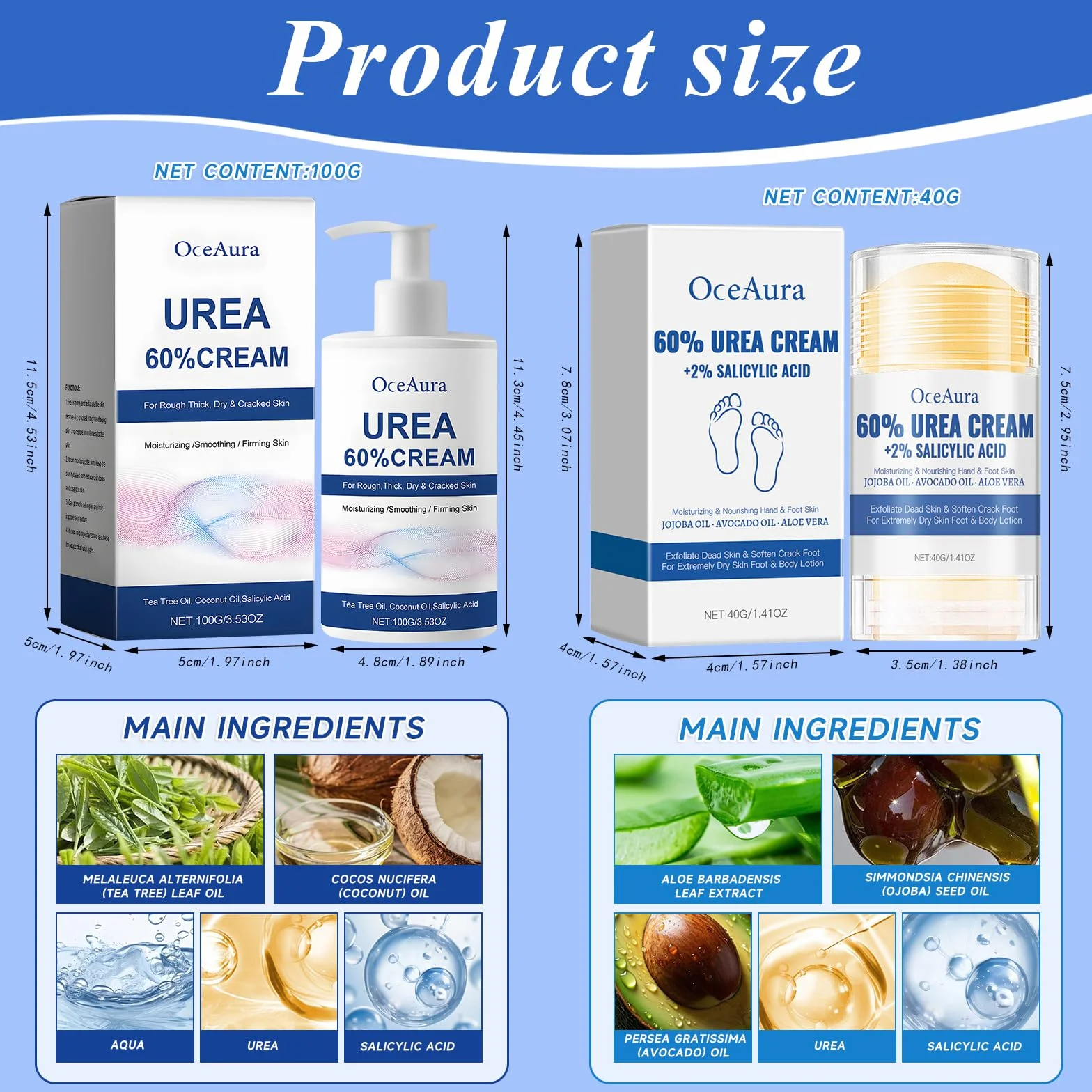 Crema Piedi Urea 60%,Crema Urea,100g panna Idratante +40g Foot panna Stick,Un'idratazione Profonda,per la Riparazione di e Mani,lozione per Piedi per Pelle Secca,Screpolata