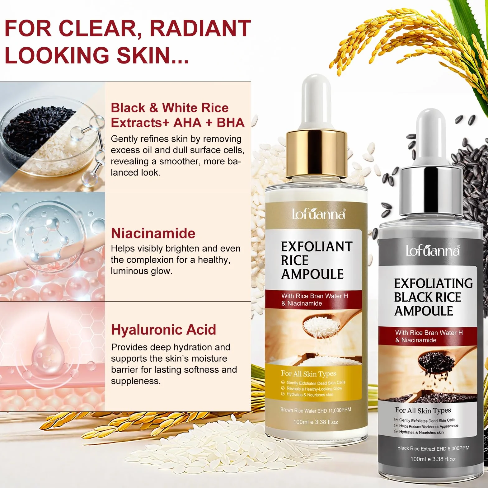 Siero Coreano Esfoliante al Riso Skincare,Peeling Viso Riso 100ml+ Riso Nero 100ml,Esfoliante Delicato con AHA BHA e Niacinamide, Rimuove Cellule Morte,Riduce Pori e Punti Neri,Pelle Liscia e Luminosa