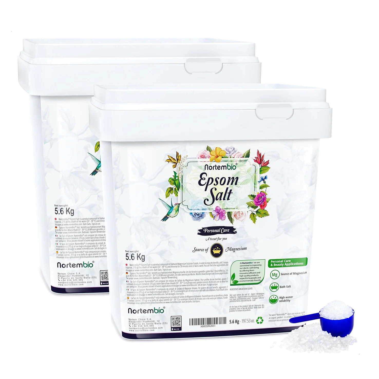 Nortembio Sale di Epsom 2 x 5,6 kg Sale da Bagno per Relax, Recupero Muscolare e Pediluvio – Scrub Esfoliante per Corpo e Pelli Sensibili 100% Naturale + eBook in Omaggio