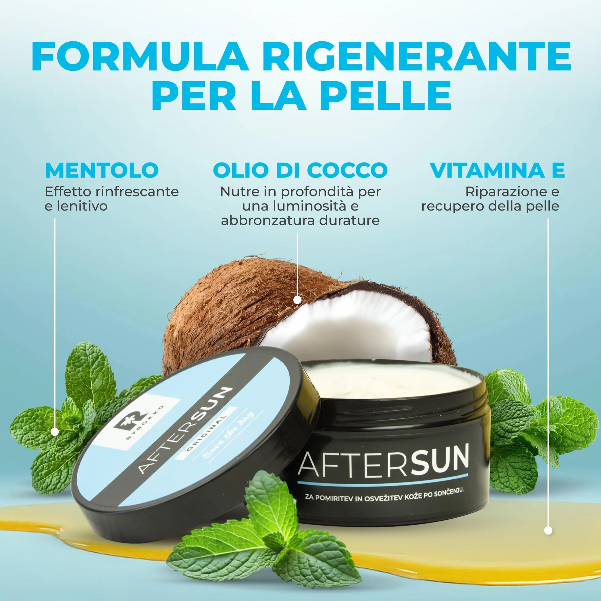BYROKKO Crema doposole lozione abbronzante naturale con mentolo burro di mango vitamina E raffredda idrata nutre pelle sole vegana senza parabeni
