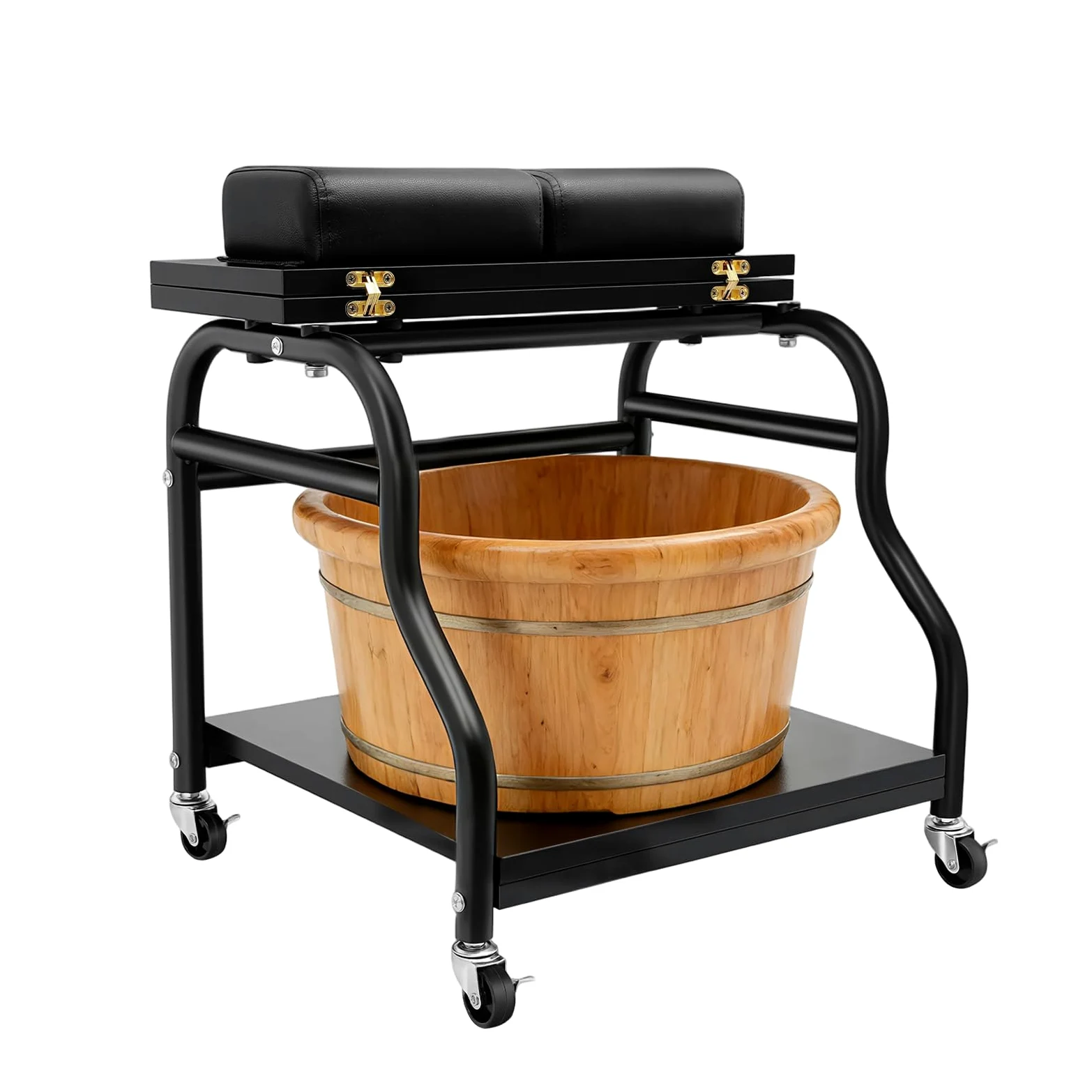 OUKANING Carrello pieghevole per pediluvio con poggiapiedi regolabile e supporto lampada per unghie, 4 ruote con freni, robusto telaio in ferro, trolley mobile per la cura dei piedi per salone e casa
