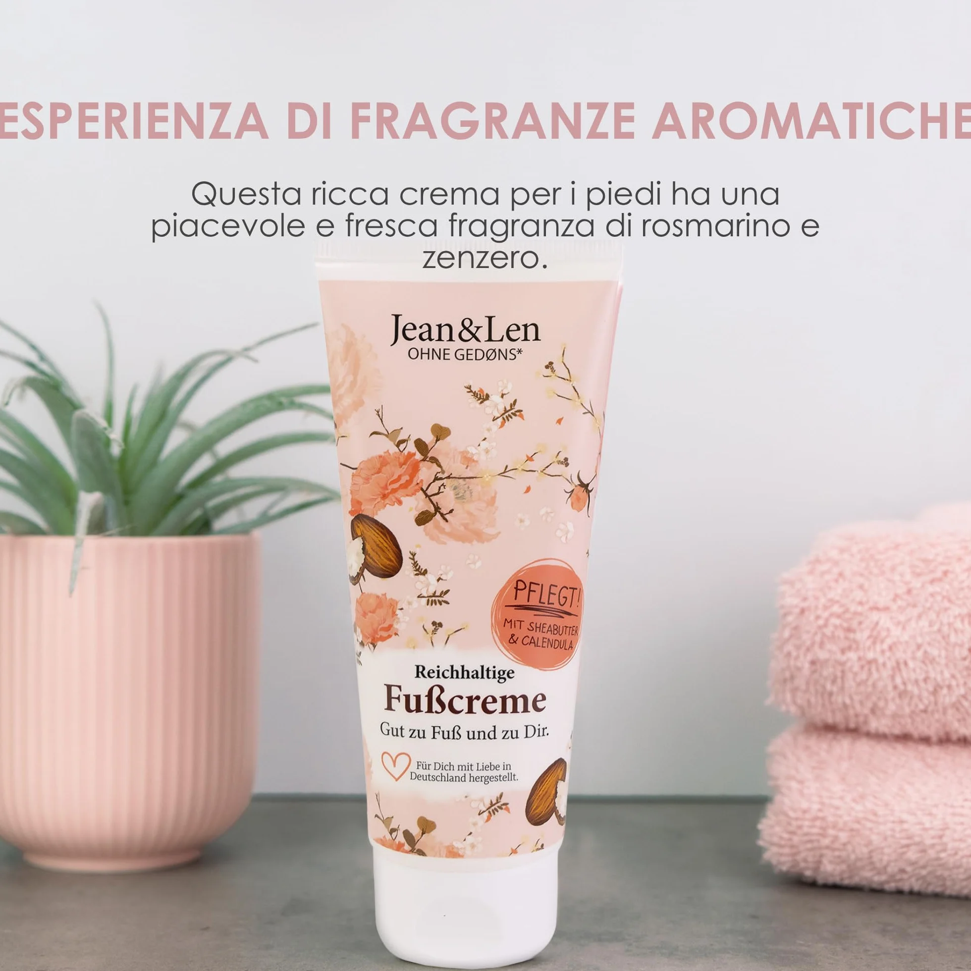 Jean & Len crema piedi burro di karité e calendula, per pelle secca e stressata, cura a fondo e rende i piedi morbidi, profumo rosmarino e zenzero, Foot Cream, senza parabeni e siliconi, 100 ml