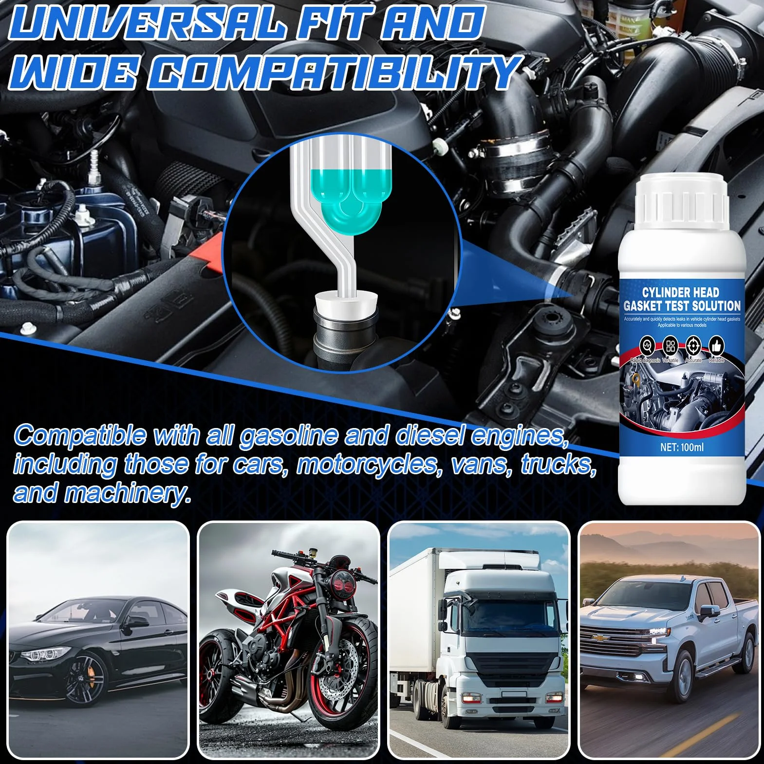 Tester di Guarnizione a Testa Cilindrica CO2 - Kit Universale Rilevatore di Perdite CO₂ per 50 Test Auto Moto