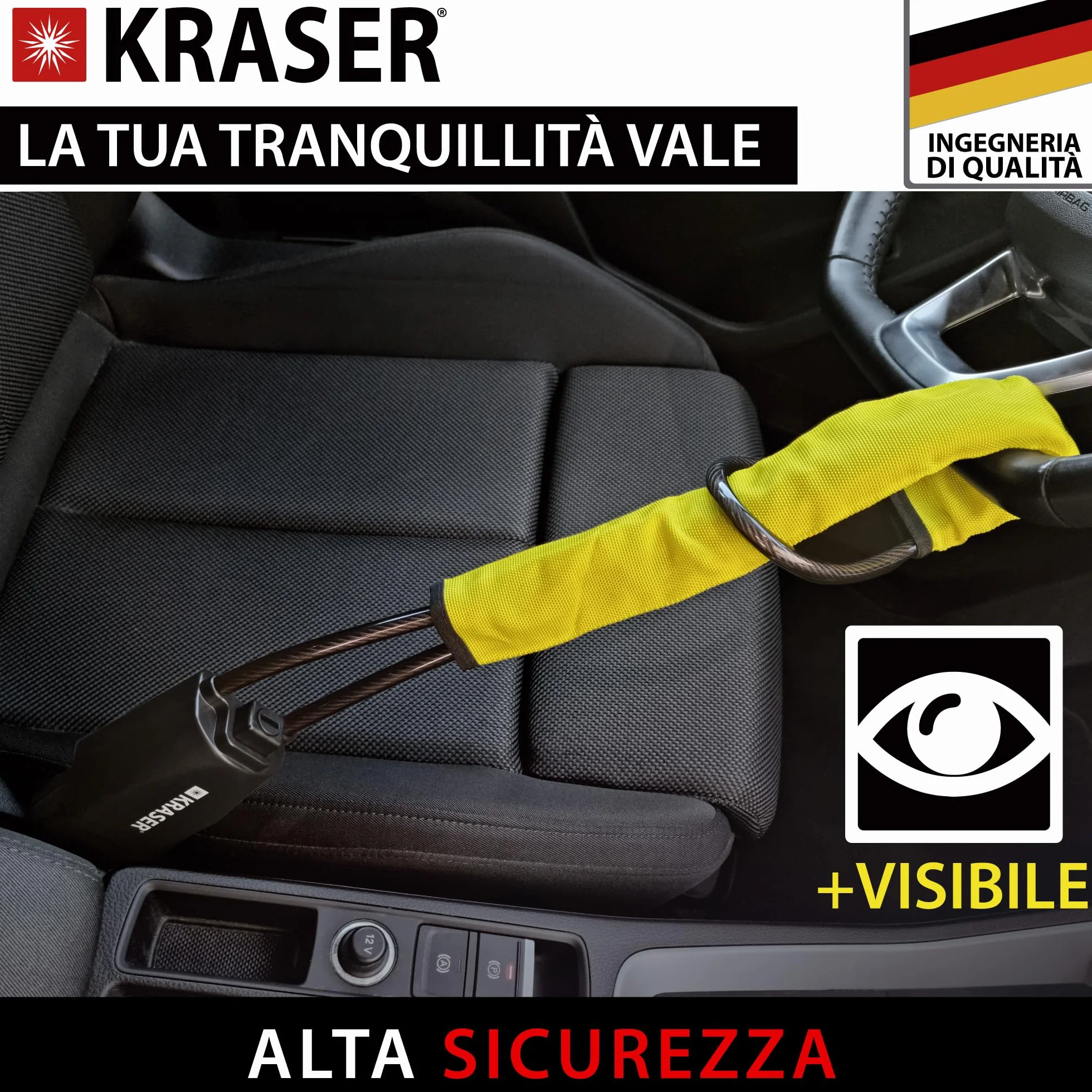 KRASER KR882Y Antifurto Auto Blocca Volante Cintura Alta Sicurezza Cavo Acciaio Universale