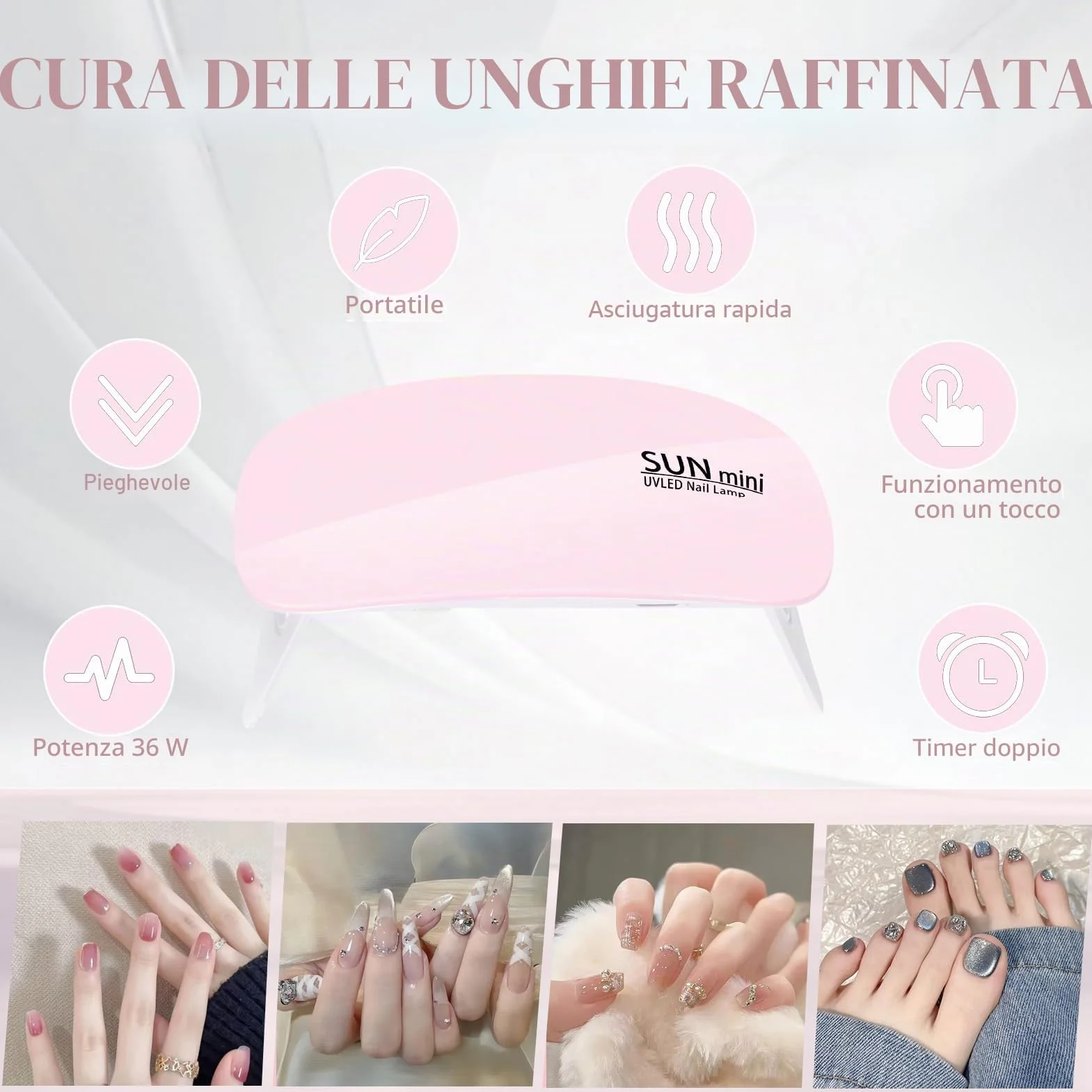 Pavlleen Mini Lampada UV LED per Unghie, Asciuga Unghie con Cavo USB, Petit Asciuga Gel Portatile Pieghevole con Timer da 60 e 120 Secondi per Salone per Unghie, Casa, Viaggi (Rosa)