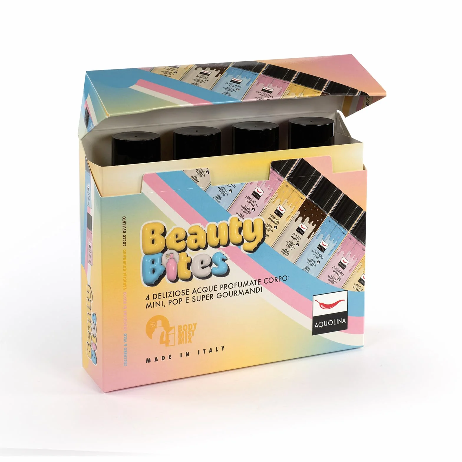 AQUOLINA BEAUTY BITES - Acqua profumata corpo Zucchero a Velo, Fragolina di Bosco, Vaniglia Gourmand, Cocco Delicato. Formato 50 ml