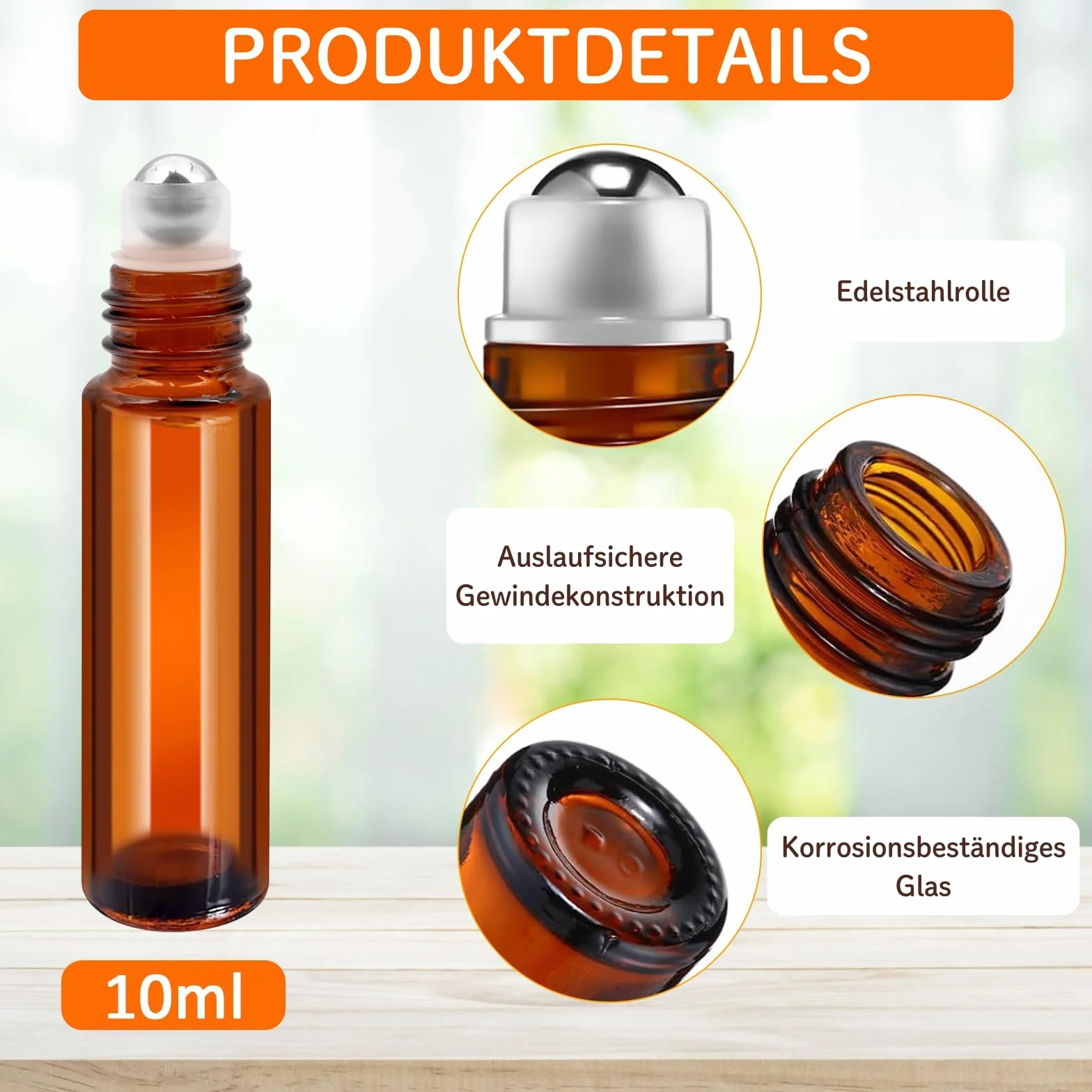 50 bottiglie Roll-On da 10 ml, in vetro ambra, ricaricabili, con sfera in acciaio inox, per oli essenziali, profumi e cosmetici, inclusi 5 tramoggia