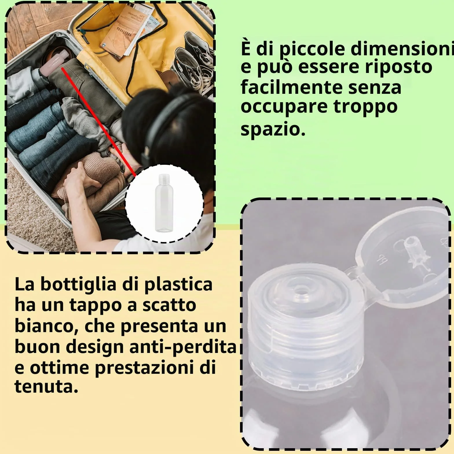 Set di 10 flaconi da viaggio - Flaconi dispenser in plastica trasparente da 100 ml con tappo a scatto, mini flaconi d'aria, contenitori per gel doccia da viaggio in PET per lozione di riempimento