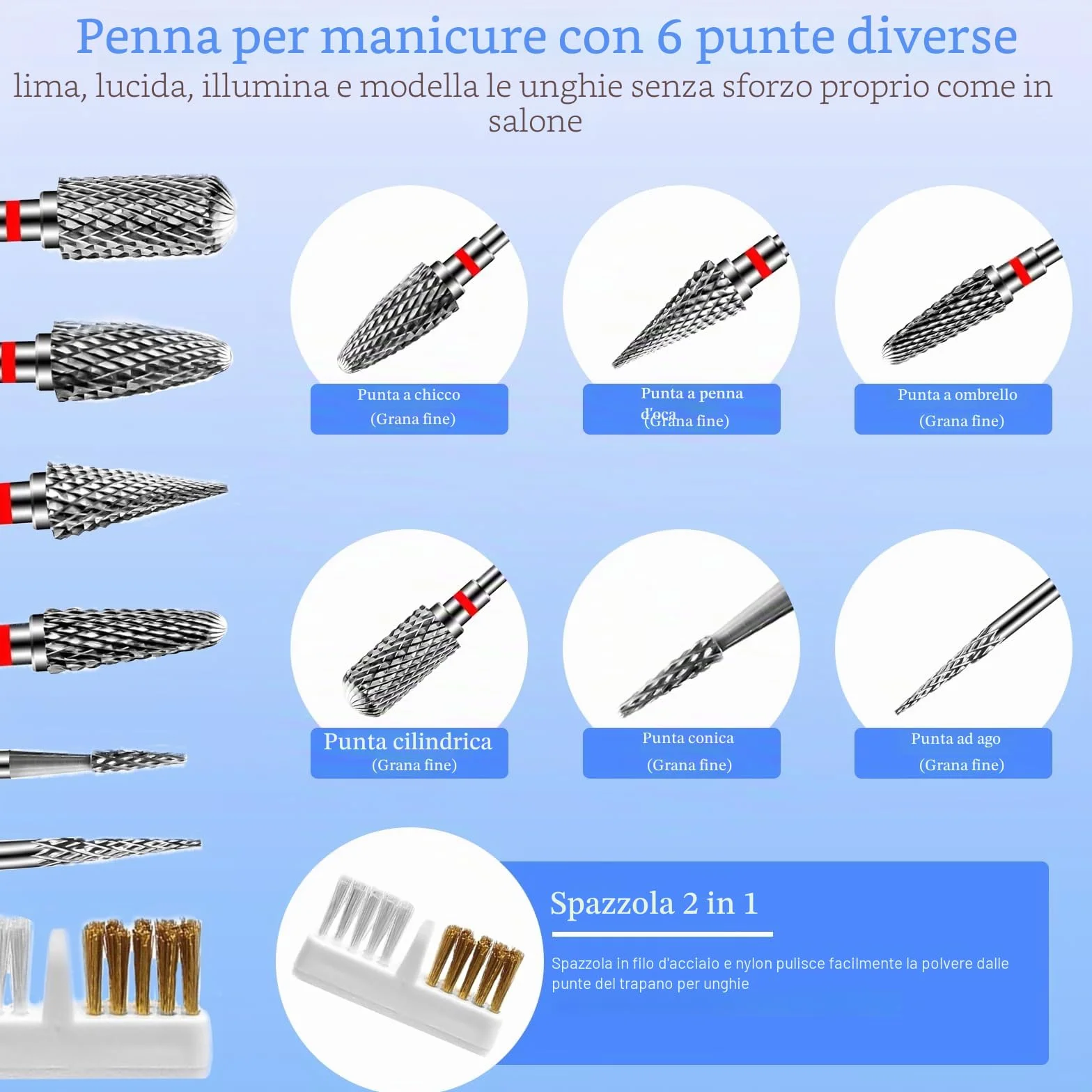 Punte Fresa Unghie in Carburo di Tungsteno 6 Pezzi 3/32 Pollici per Manicure Pedicure Rimozione Gel