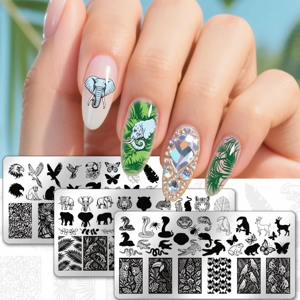 PH PandaHall 3 pezzi per unghie con animali selvatici, per nail art, template di tigre, elefanti, nail art, farfalle, serpenti, piastre per unghie per donne, fai da te, manicure e saloni