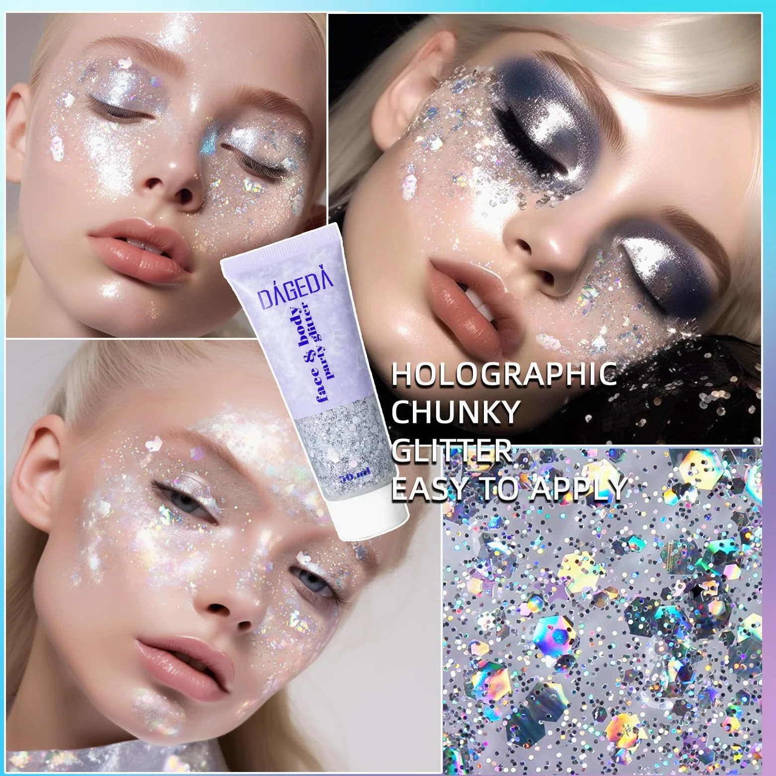 DAGEDA Silver Holographic Body Glitter Festival Makeup Face Glitter per Accessori Rave Ombretto Shimmer, Cosmetici, Lucido Corpo Shimmer Capelli Glitter Gel