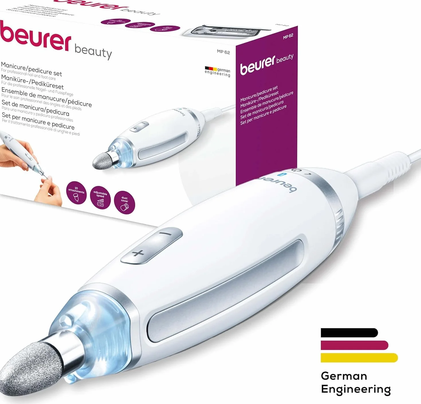 Beurer MP 62 Fresa Professionale Manicure Pedicure 5400 giri/min 10 Accessori Feltro Zaffiro Luce LED Velocità Regolabile Custodia Bianco