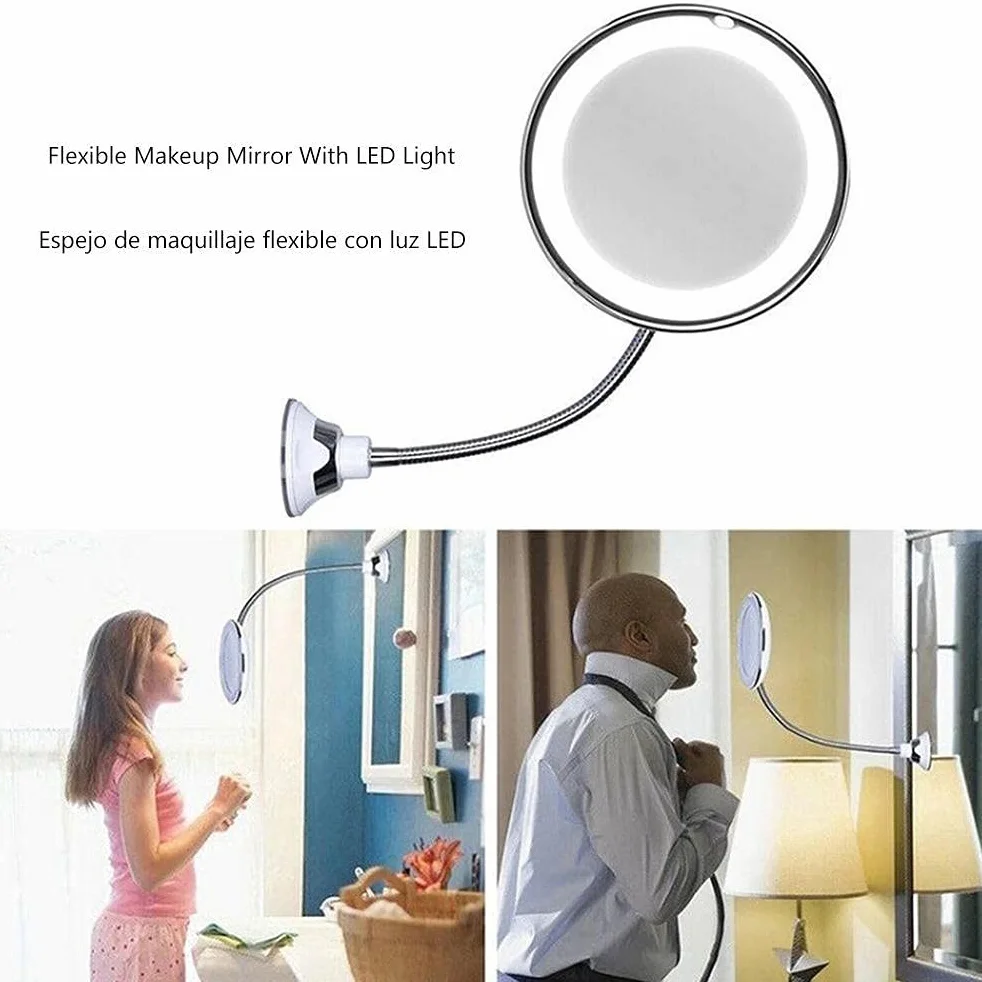 Gegong Specchio di vanità a LED con luce flessibile 360° girevole 10x ingrandimento portatile per viaggio bagno casa