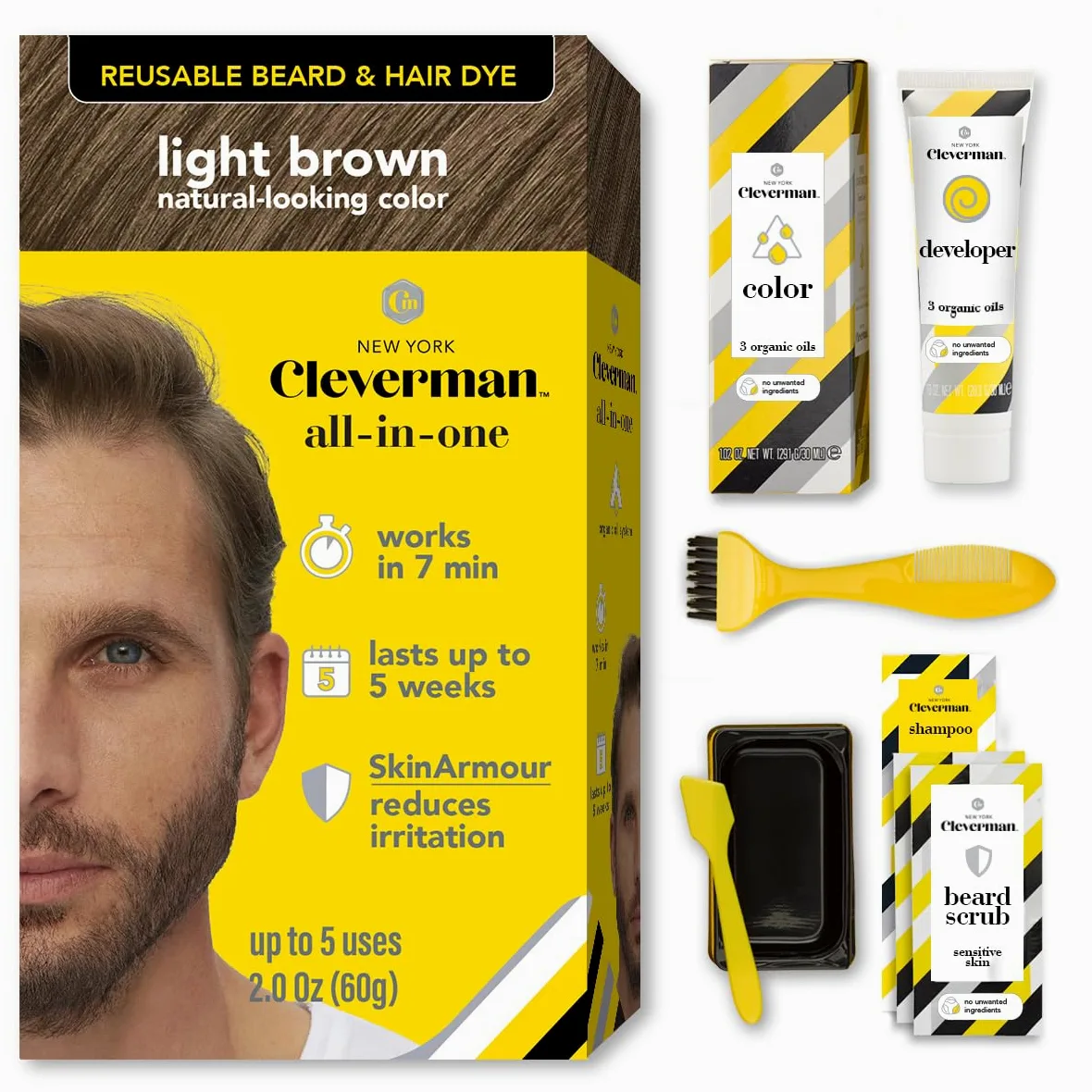 CLEVERMAN Kit di tintura per capelli e barba da uomo, riutilizzabile, tutto in uno, copertura naturale dei grigi, colorante per barba e baffi, senza ammoniaca (marrone chiaro).
