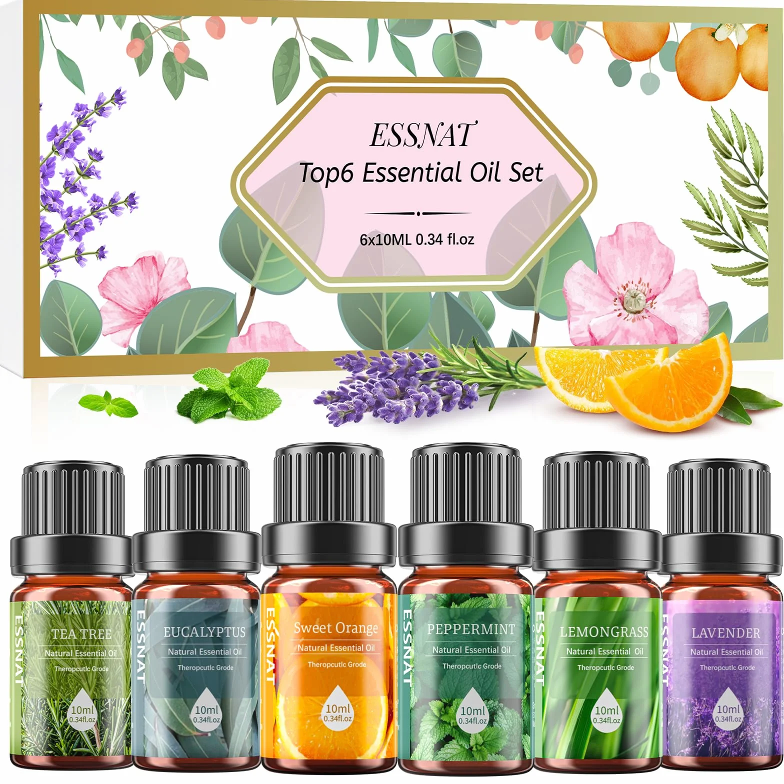 Oli Essenziali Set per Diffusore 6x10ML, Oli Essenziali Naturali per Aromaterapia,SPA – Lavanda,Menta Piperita,Eucalipto,Arancia Dolce,Tea Tree,Lemongrass – Oli Essenziali per Diffusori Casa