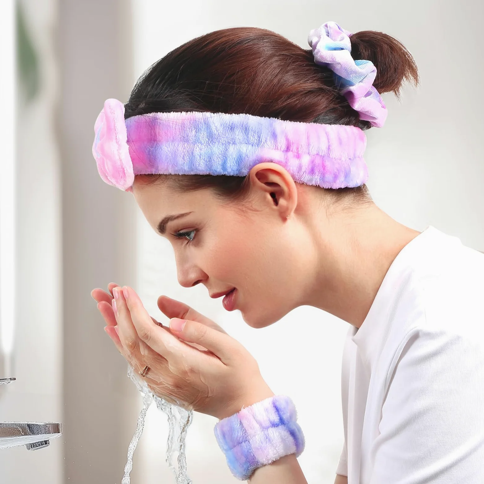 WSYUB Set di fascia e braccialetto da spa con elastici per capelli, fasce per lavare il viso, fascia per trucco per la cura della pelle, fasce da polso per lavare il viso
