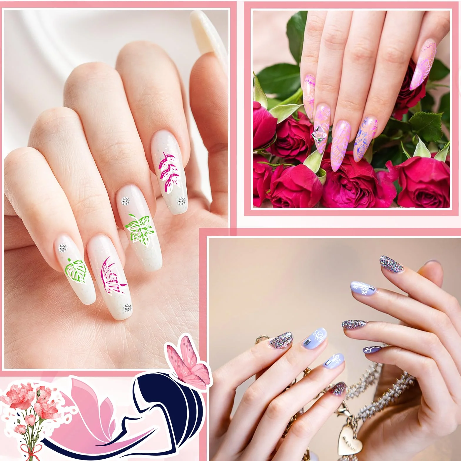 JSRQT 6 Pezzi Piastre per Nail Art, Farfalla Fiore Piuma Foglie Set di Nail Art Stamping Stampini, Piastre per Nail Art in Metallo, Modelli di Stencil per Unghie per Donne Manicure Art Fai da Te