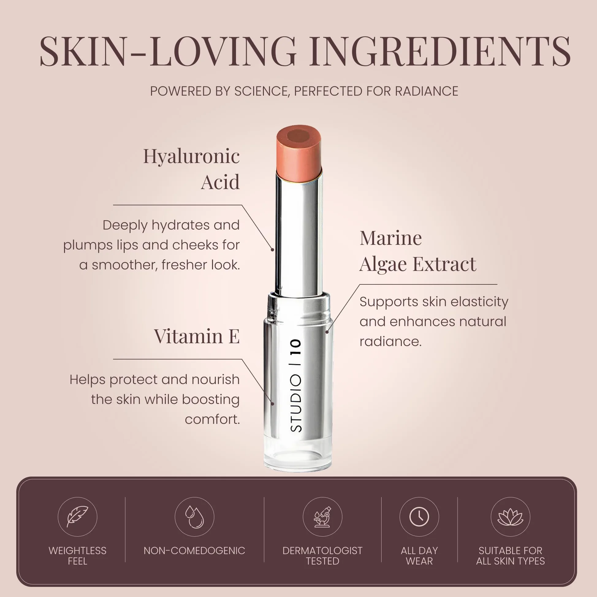 Studio 10 Wake Up & Glow Blush Stick - Tinta labbra e guance a lunga durata per fard leggeri, fard in crema per pelli mature - con nucleo di acido ialuronico idratante (tonalità - pesca)