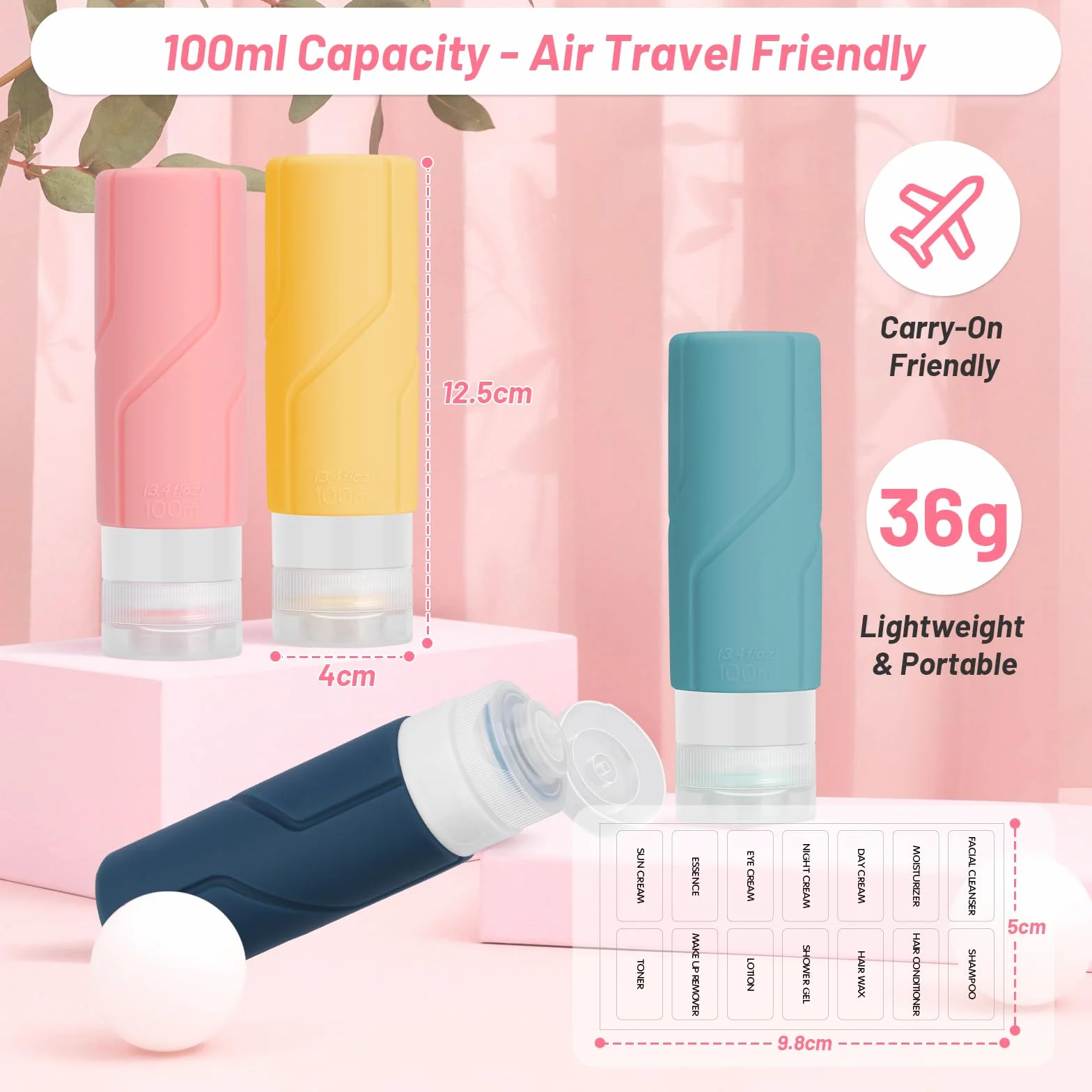 Alyvisun 4 Pezzi Flaconi da Viaggio in Silicone Ricaricabili 100ml per Shampoo, Lozione, Cosmetici