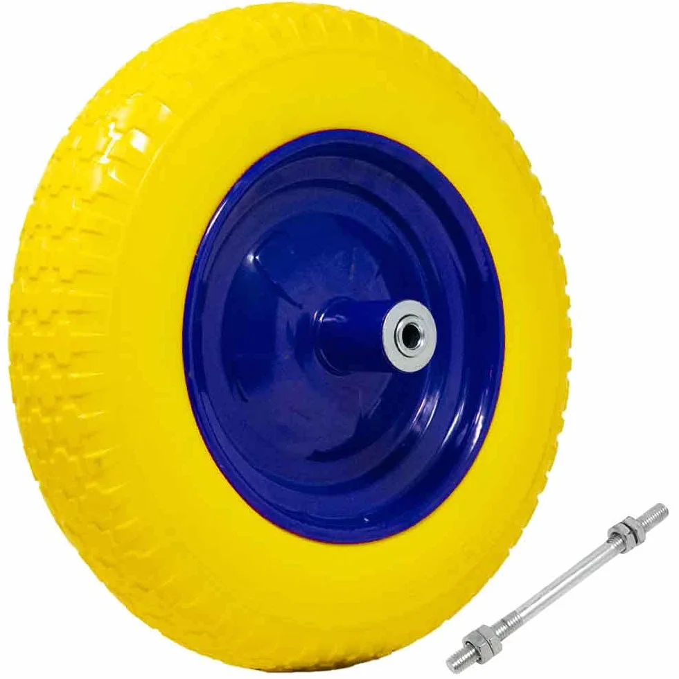 Ruota Piena in Poliuretano Giallo Antiforatura per Carriola Diametro 35cm Larghezza 9cm 3.50-8 Cerchio Acciaio Asse 170mm