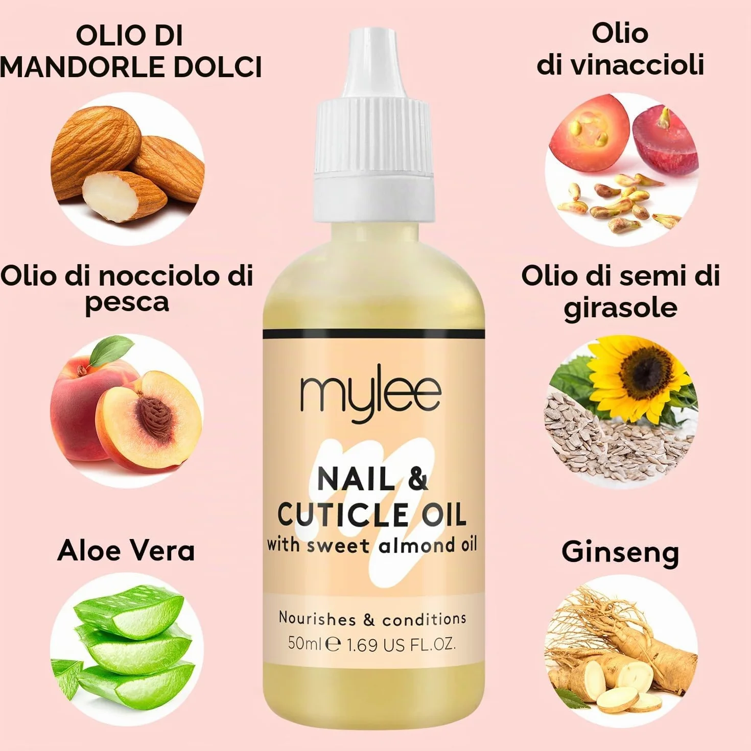 Mylee Olio per Unghie e Cuticole alle Mandorle Dolci 50ml – Olio Balsamo Profondamente Idratante e Nutriente, Formula non Grassa e Senza Residui, Non Unge, Delicatamente Profumato