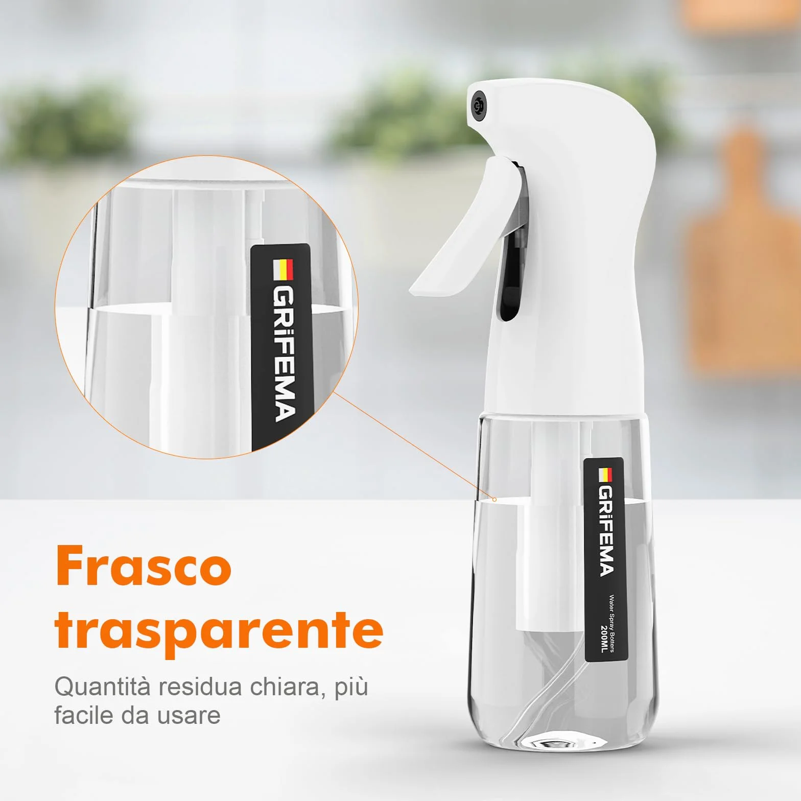 GRIFEMA Spruzzatore Bianco 200 ml Flacone Spray Nebbia Fine Uniforme Antigoccia GE2003W-200