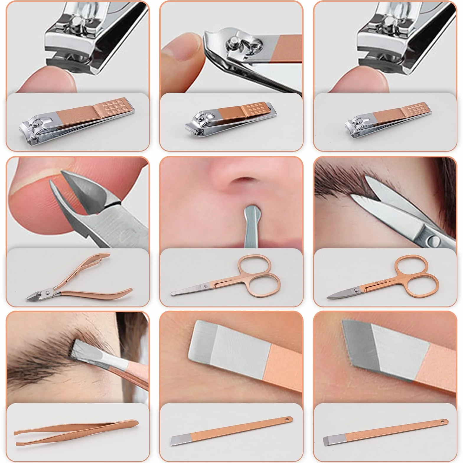Zestaw do manicure 18 sztuk, stal nierdzewna, przenośny, podróżny (złoty różowy)