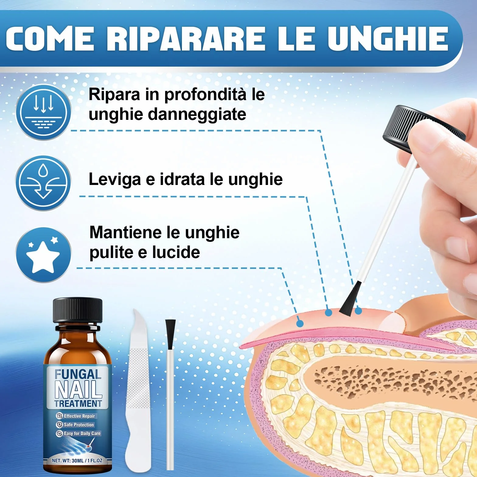 Micosi Unghie Piede, 30ml Liquido Antimicotico per Funghi Unghie Piedi con Pennello e Lima