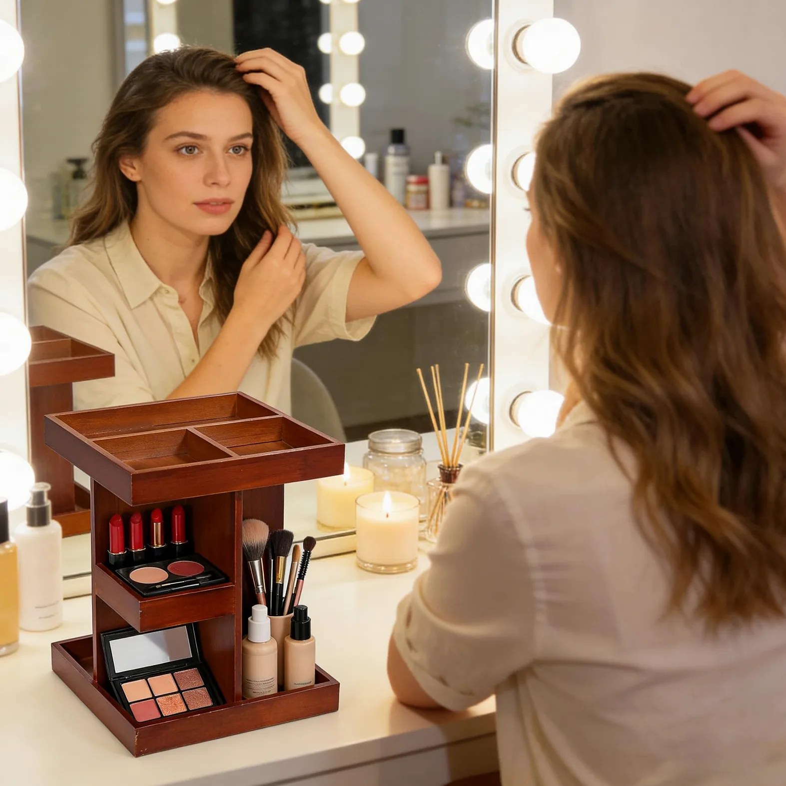 Organizer Trucco Girevole Espositore In Legno Stile Rustico | Organizer Trucco Girevole 360° Da Piano Organizzazione cosmetici, profumi e cura della pelle per bagno, camera e toeletta