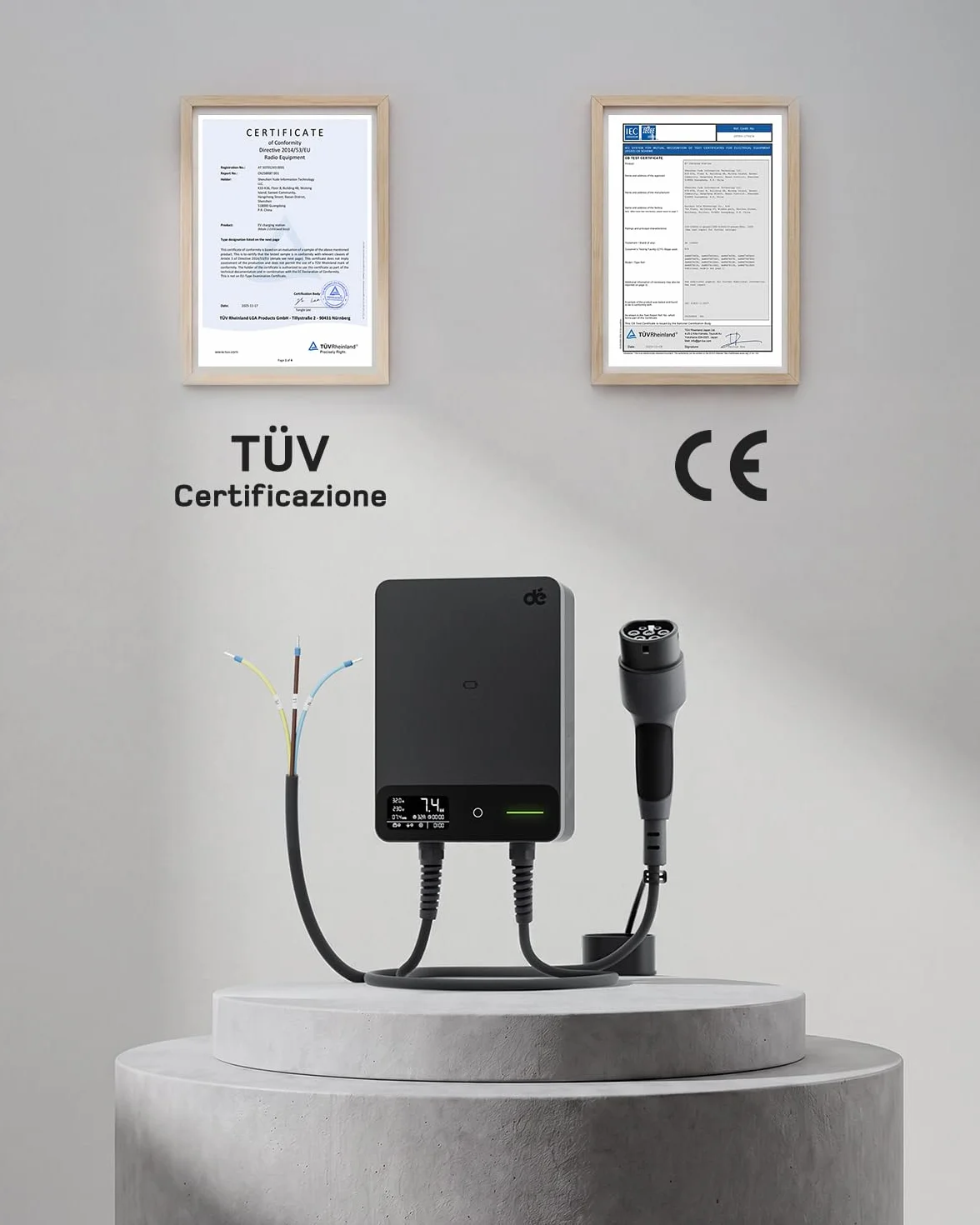 Wallbox 7,4 kW Tipo 2 con App, Cavo 7,5m, RFID, Monofase 6-32A 230V, 7kW, IP54, Nero