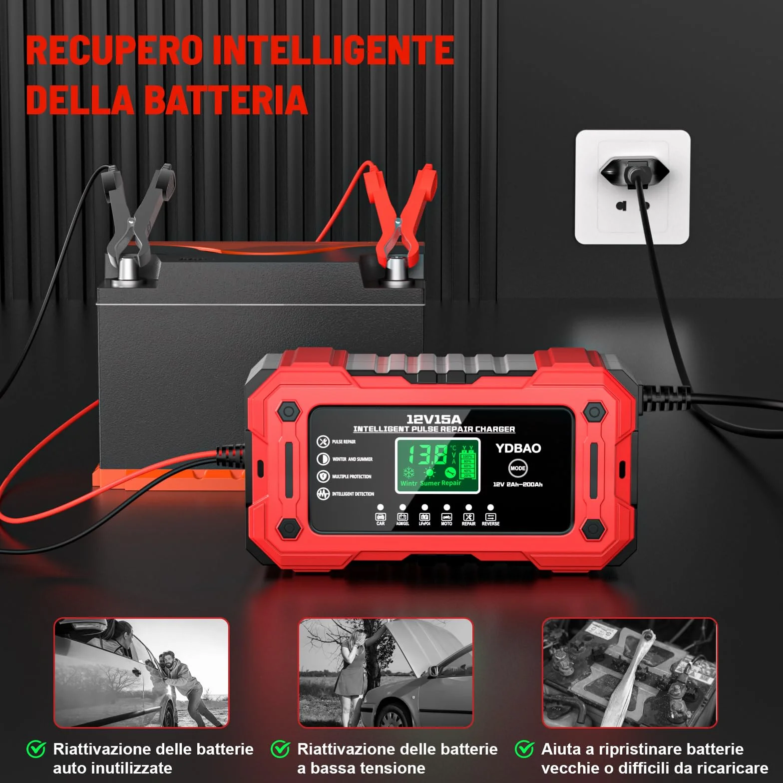 Caricabatteria per Auto 12V 15A Intelligente Automatico con Display LCD Compensazione Temperatura per Moto Auto Batteria AGM Barche