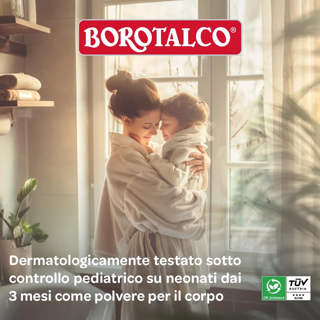 Borotalco, Polvere con Talco Vegetale, Azione Rinfrescante e Assorbente, per Pelli Sensibili, Formula 100% Vegetale, Profumo di Borotalco, Dermatologicamente Testato, Barattolo 70 g