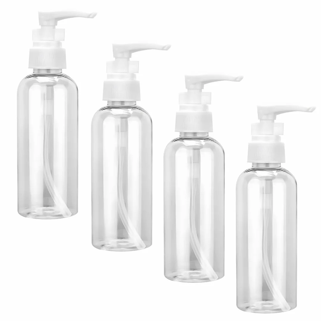 4 Pezzi Flaconi da Viaggio, 50 ml Bottiglie da Viaggio Trasparenti, Pompa da Viaggio in Plastica Dispenser, Boccette Contenitori Ricaricabile, per Cosmetici, Lozione, Bagno, Shampoo Liquidi