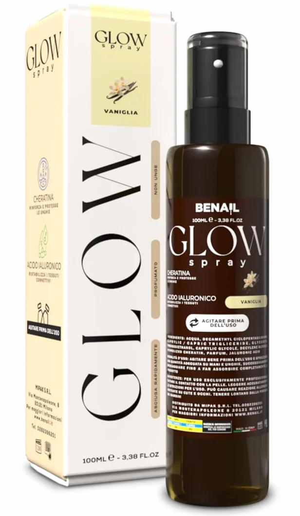 Benail | Glow Spray Idratante Mani e Unghie con Acido Ialuronico e Cheratina, crema mani antiage, Trattamento Cuticole Profumato, lentivo, idratante con Asciugatura Rapida, Made in Italy