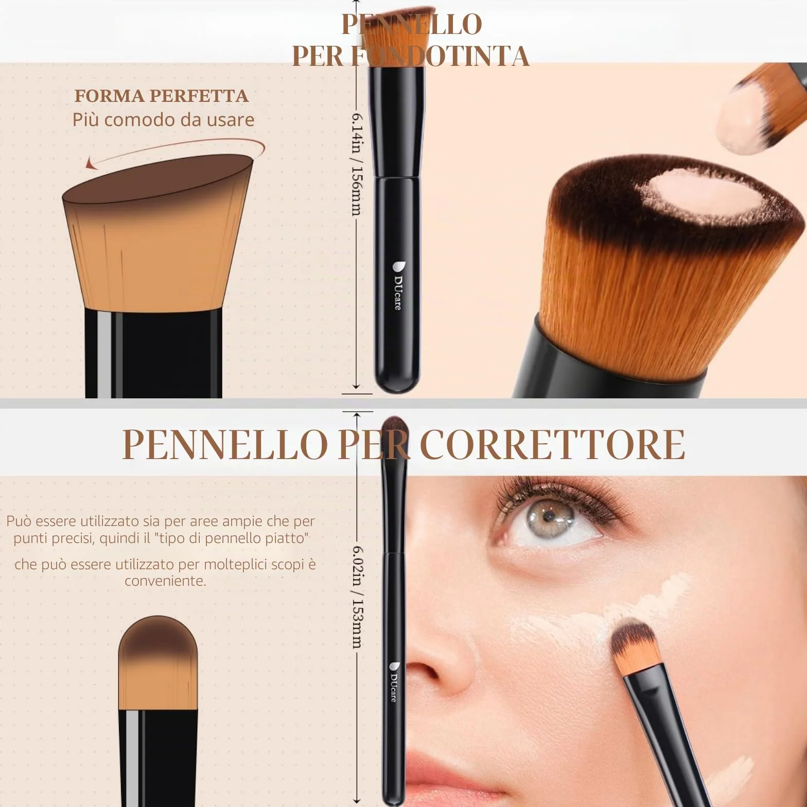 DUcare Pennello per fondotinta e pennello per correttore 2 pezzi -Pennello Fondotinta Liquido Trucco Cipria Pennello Kabuki professionale Perfetto Per Foundation, Polvere