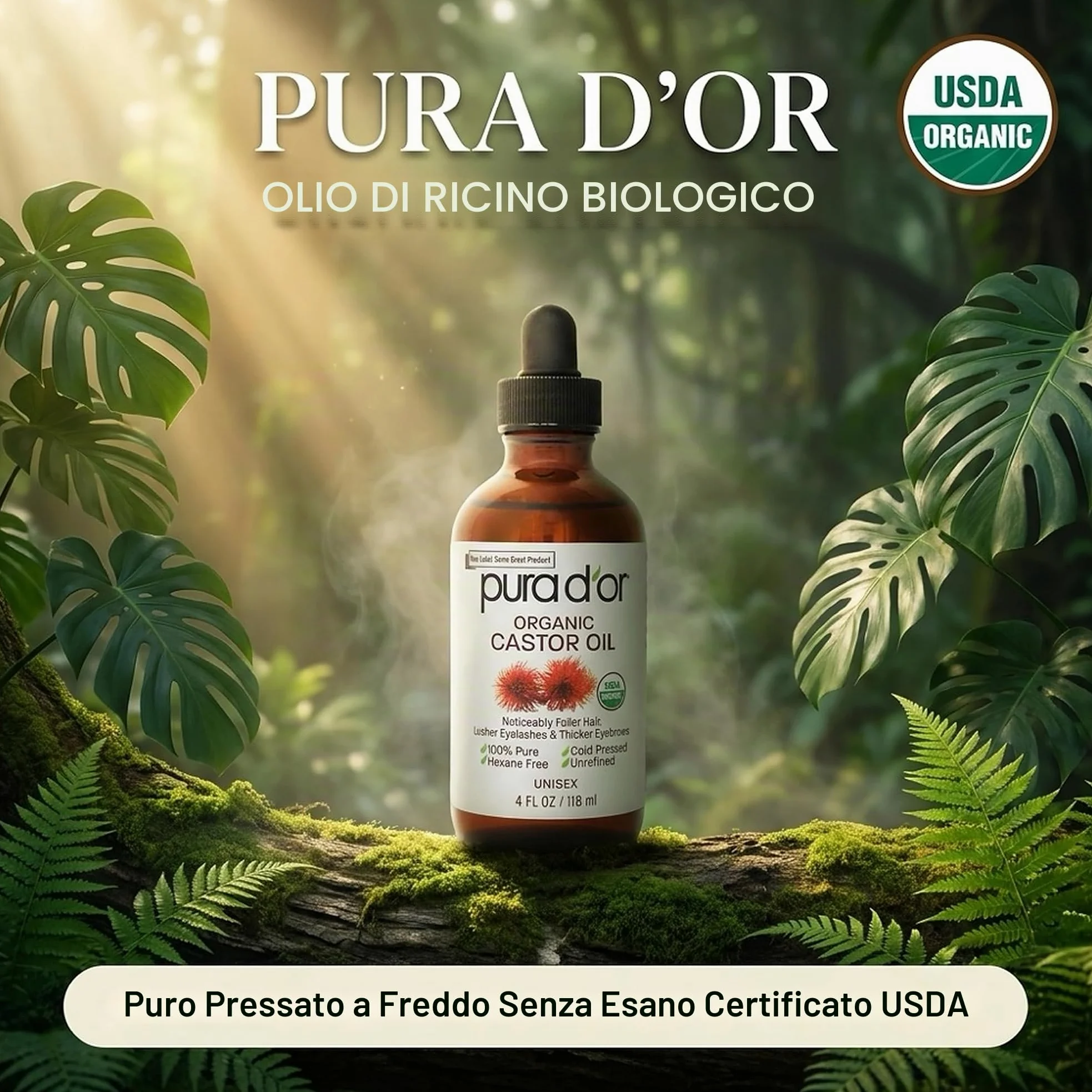 Pura D'Or Olio di ricino (118 ml) 100% puro olio naturale per crescita di peli, sopracciglia, ciglia Olio senza esano pressato a freddo per idratare e curare la pelle secca