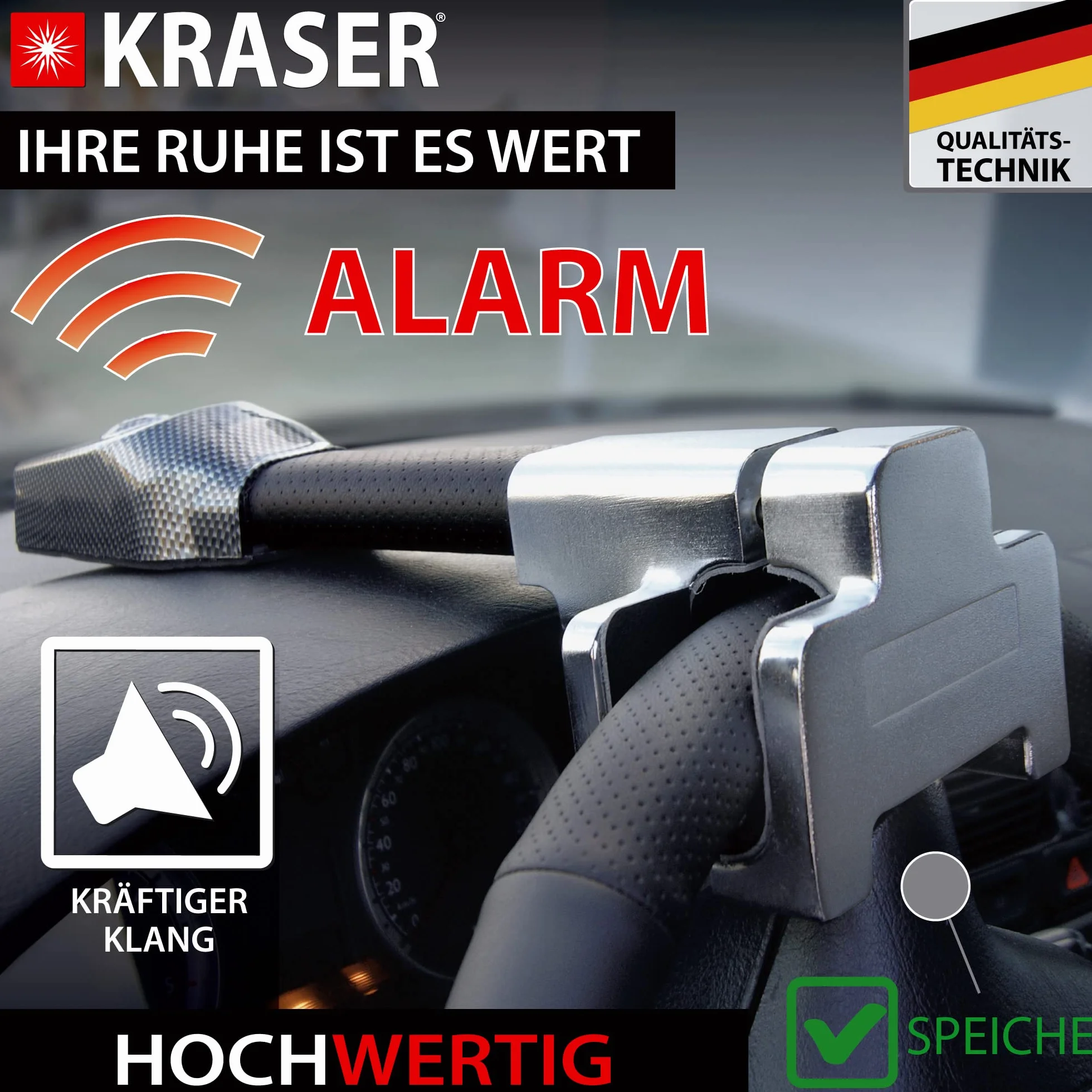 KRASER KR830 Antifurto Auto, Blocca Sterzo con Allarme 120dB, Universale