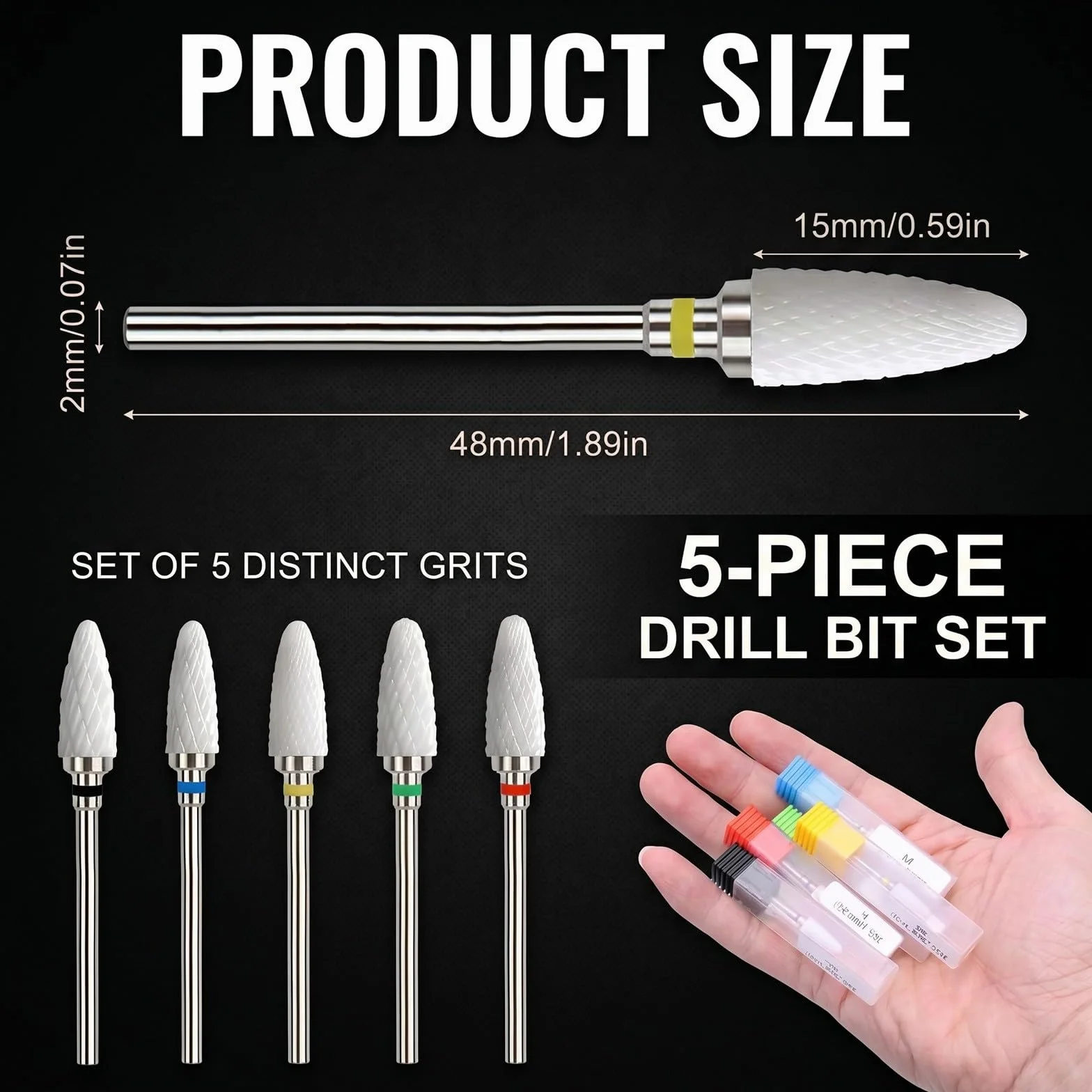 Profesjonalny Zestaw Frese Ceramicznych 5 Sztuk do Usuwania Żelu, Akrylu i Skórek, Uniwersalny 3/32" do Manicure i Pedicure
