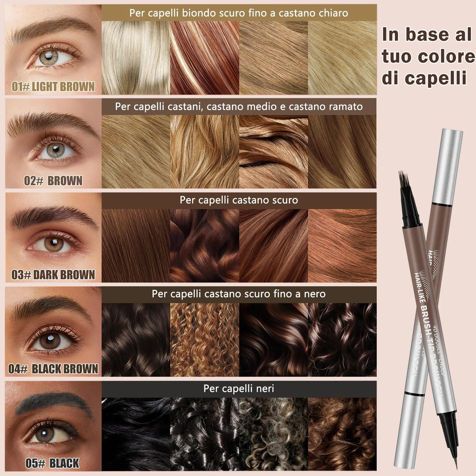 Erinde Matita Sopracciglia a Doppia Punta, Penna Sopracciglia Effetto Pelo 4D con Due Punte, Impermeabile e Anti-Sbavatura, a Lunga Durata, Riempimento Facile, Sopracciglia Naturali Effetto Pelo 02#