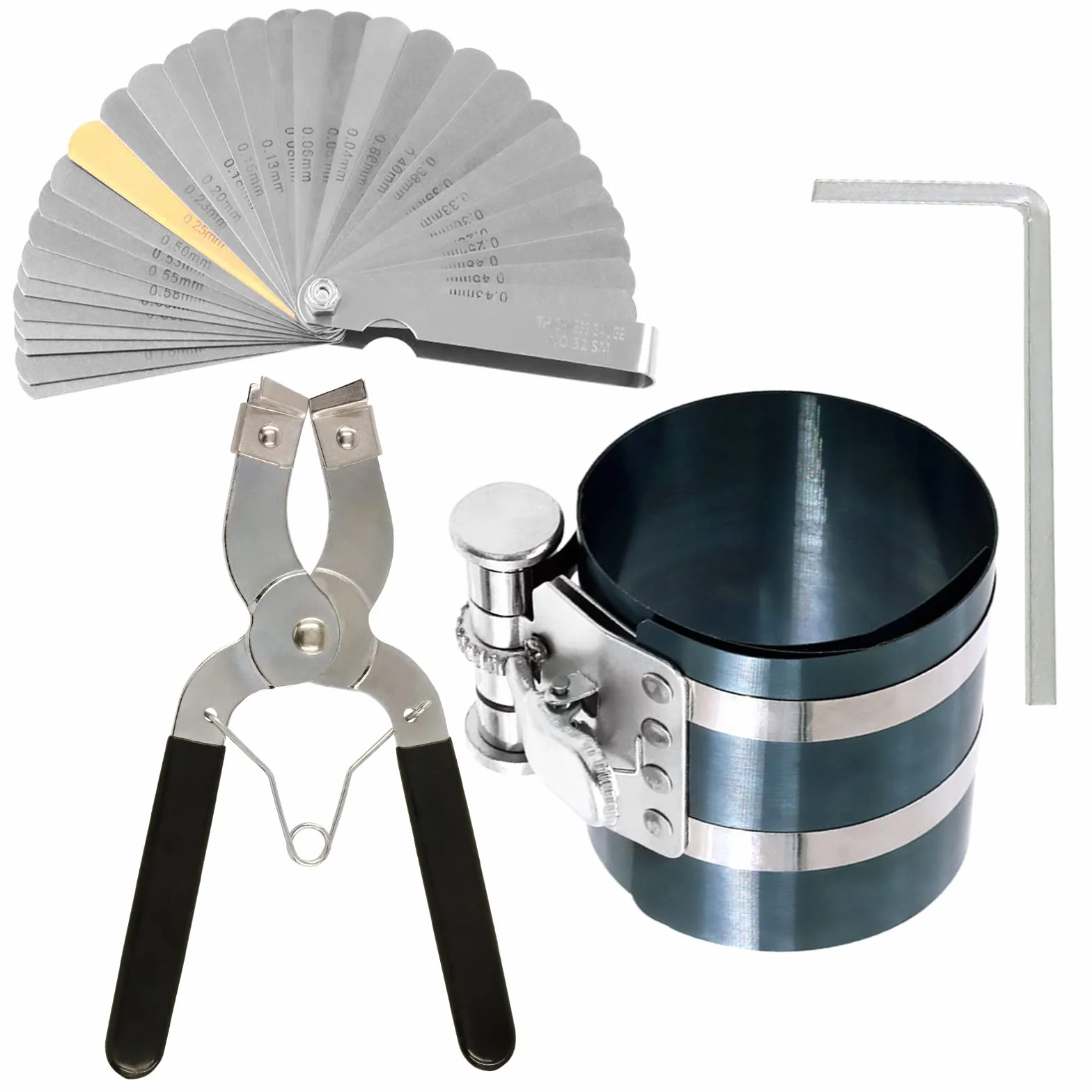 Swpeet 4Pcs compressore a anello a pistone da 3 pollici e pinze di rimozione dell'installatore di strumento di installazione a pistone regolabili con chiave e kit di assortimento di manometro in accia