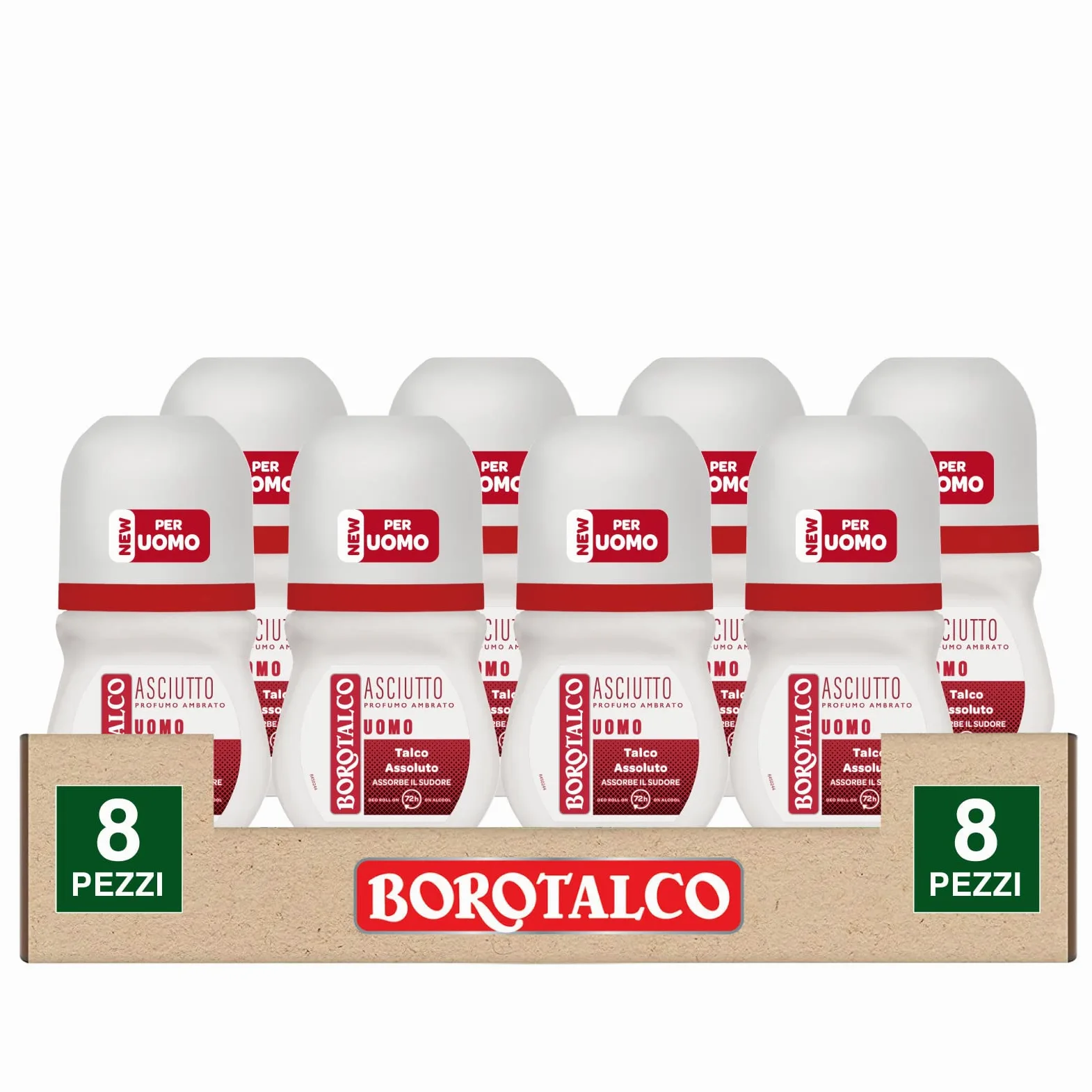 Borotalco Deodorante Roll On Asciutto per Uomo Deo 72h con Talco Assoluto Assorbe il Sudore Senza Alcol Profumo Ambrato - 8 Flaconi da 50ml