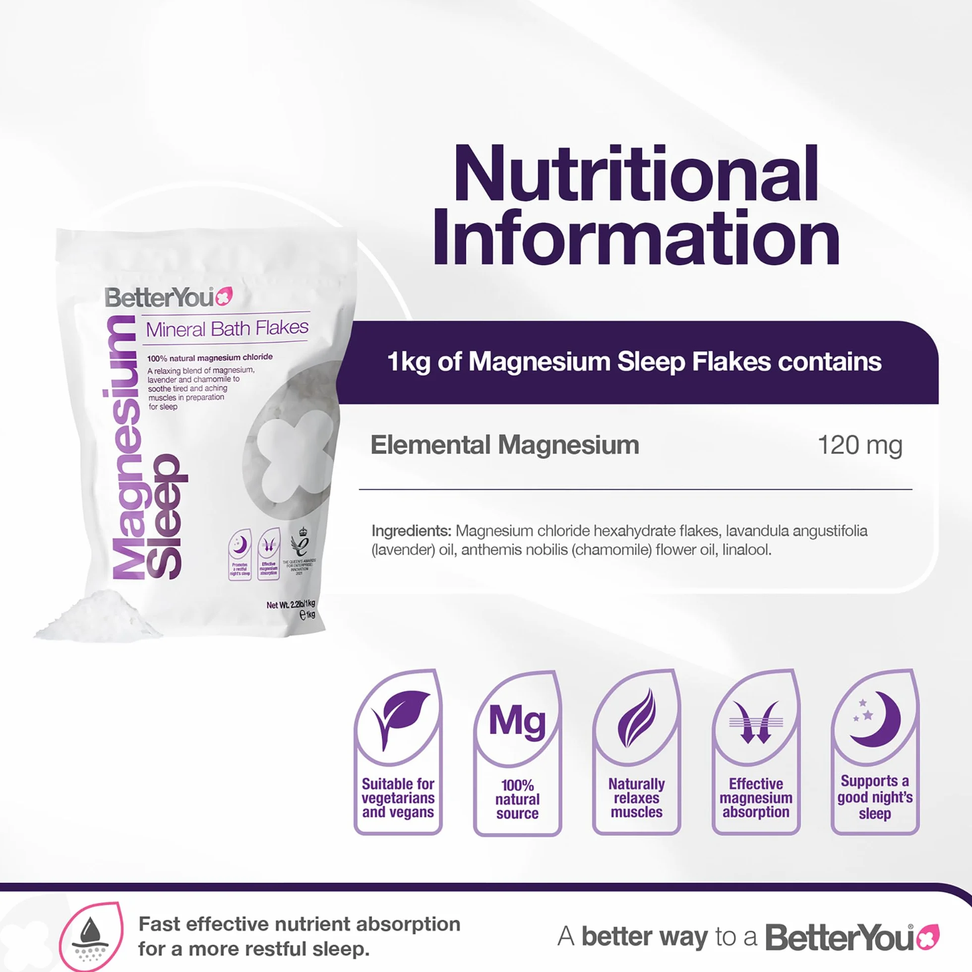 BetterYou Fiocchi da Bagno Minerali per il Sonno al Magnesio, Magnesio Zechstein Infuso con Lavanda e Camomilla per Lenire i Muscoli Doloranti, Oli Essenziali Rilassanti per un Sonno Profondo, 1 kg