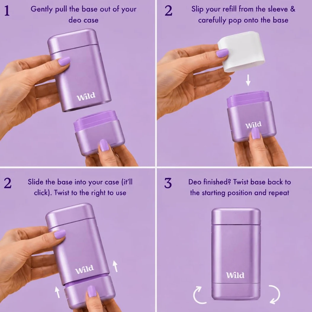 Wild - Deodorante Naturale Ricaricabile - Astuccio Viola con Varie Ricariche - Incluse Cotton & Sea Salt, Cherry Blossom, Coconut & Vanilla, Mint & Aloe Vera, Ocean Mist