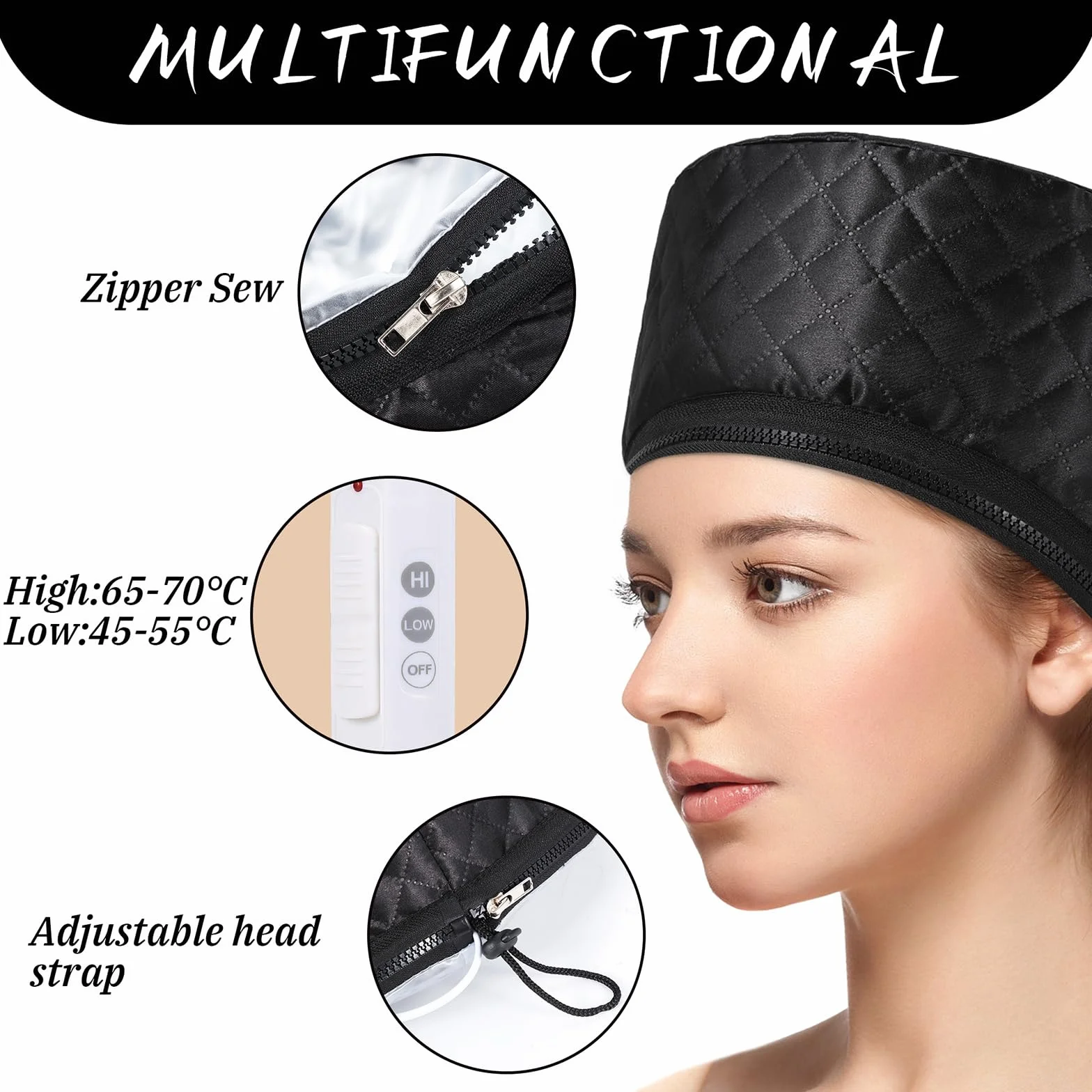 Cappello termico per trattamenti di profondità, cuffia a vapore per maschere per capelli, cuffia riscaldante con 2 modalità di temperatura per spa, salone, casa - Nero
