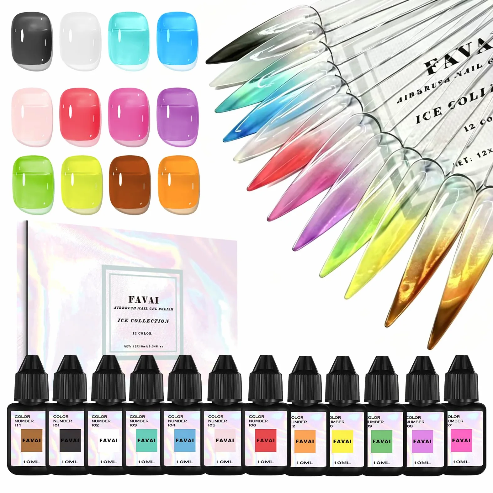 FAVAI Airbrush Gel Ice Collection – 12 colori smalto semi-permanente gelatina semi-trasparente effetto ghiaccio, gel UV senza TPO per baby boomer, francese ombreggiato & nail art professionale, 12 x
